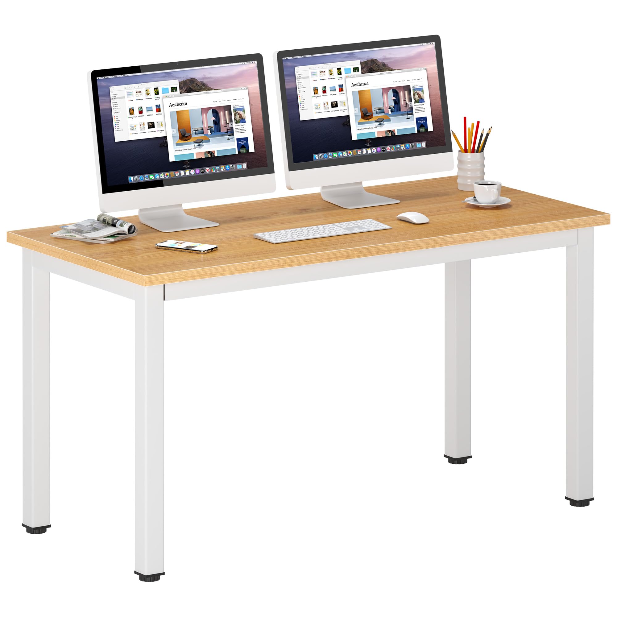 DlandHome Large Computer Desk, Composite Wood Board, Decent and Steady Home Office Desk/Workstation/Table 54.3inch Teak White