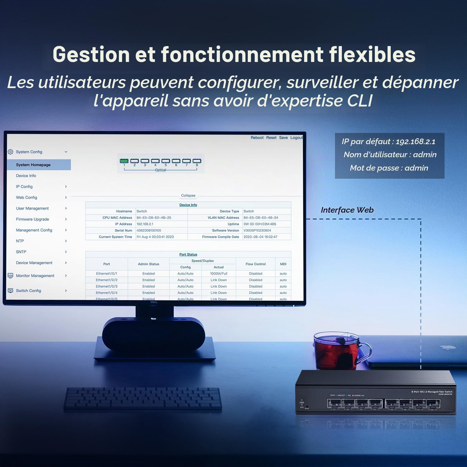 Binardat Commutateur géré 8 Ports 10 Gigabit SFP+, Prend en Charge Le Module SFP+ 1G/10G, Bande passante 160 Gbit/s, Web L3 géré, commutateur réseau de Bureau en Fibre sans Ventilateur en métal