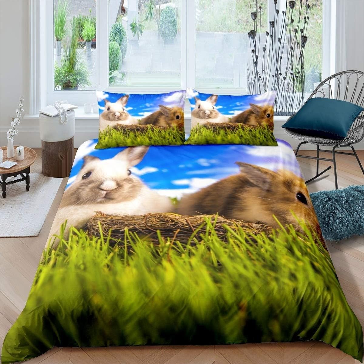 Parure de lit lapin 140x200 pour chambre d'enfant motif prairie bucolique