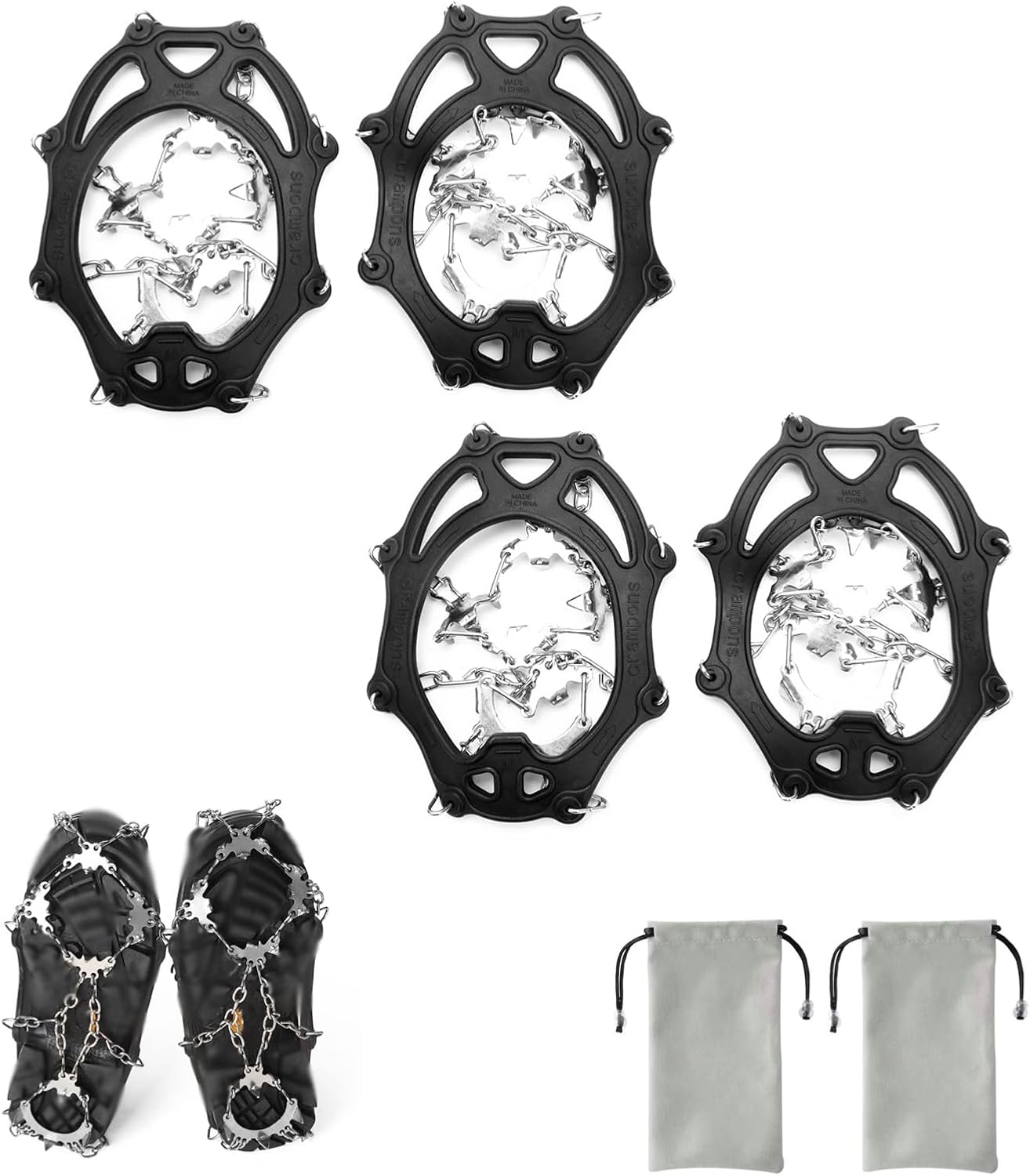 Ice Cleats Crampons for Women Men - 18 Stainless Steel Spikes with Chains, Anti Slip Traction Grips for Hiking Boots Snow Shoes for Walking, Hiking, Climbing & Fishing On Snow and Ice