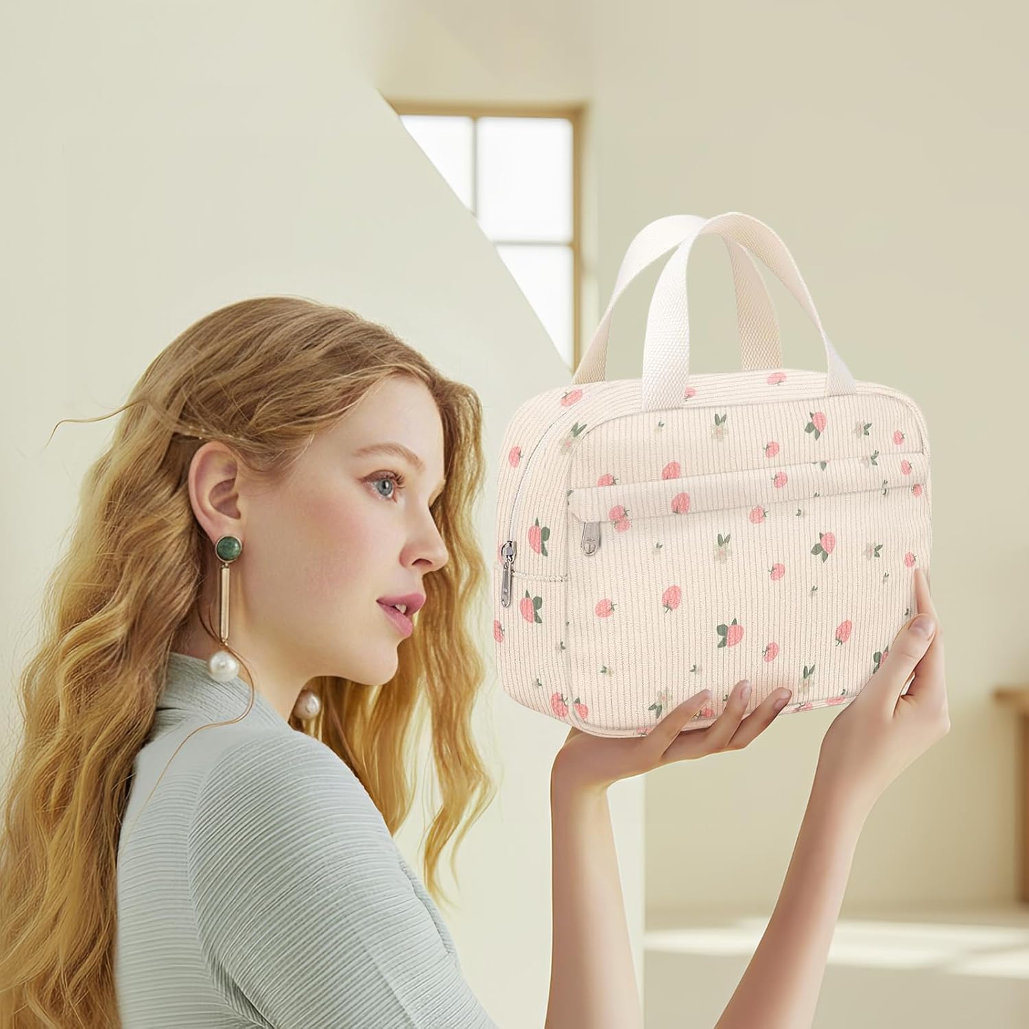 Small Makeup Bag for Purse Cute Corduroy Cosmetic Pouch with Zipper Travel Toiletry Bag for Women(Cute strawberries pink) - Image 5