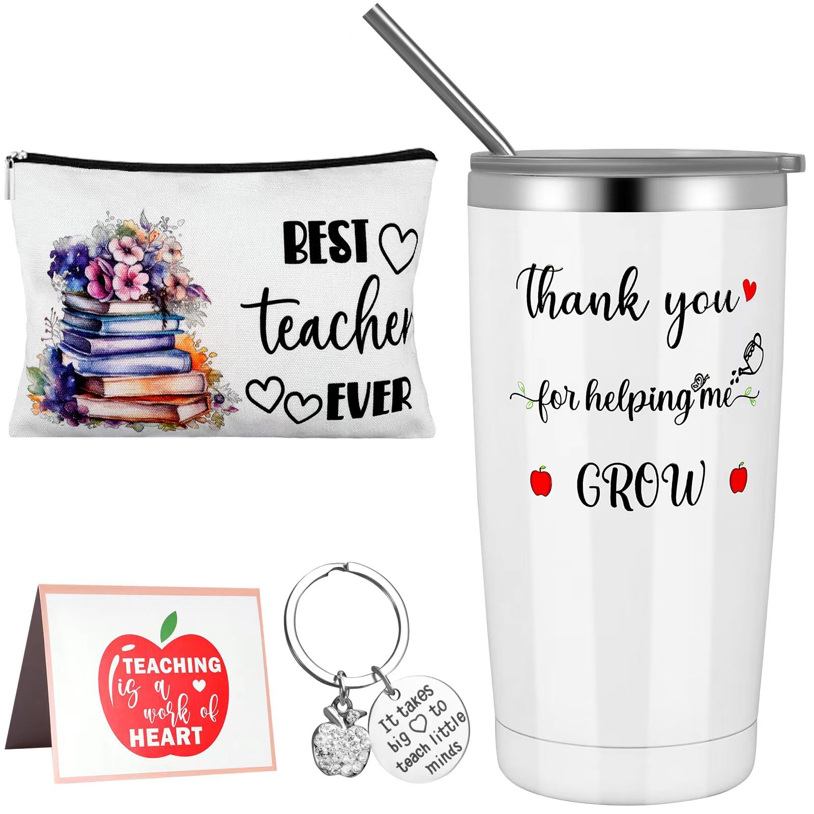 Teacher Appreciation Gifts, Best Teacher Gifts for Women with 20 oz Insulated Tumbler Makeup Bag Keychain and Card Thank You Gifts for Teachers Day Birthday Graduation Thanksgiving Christmas