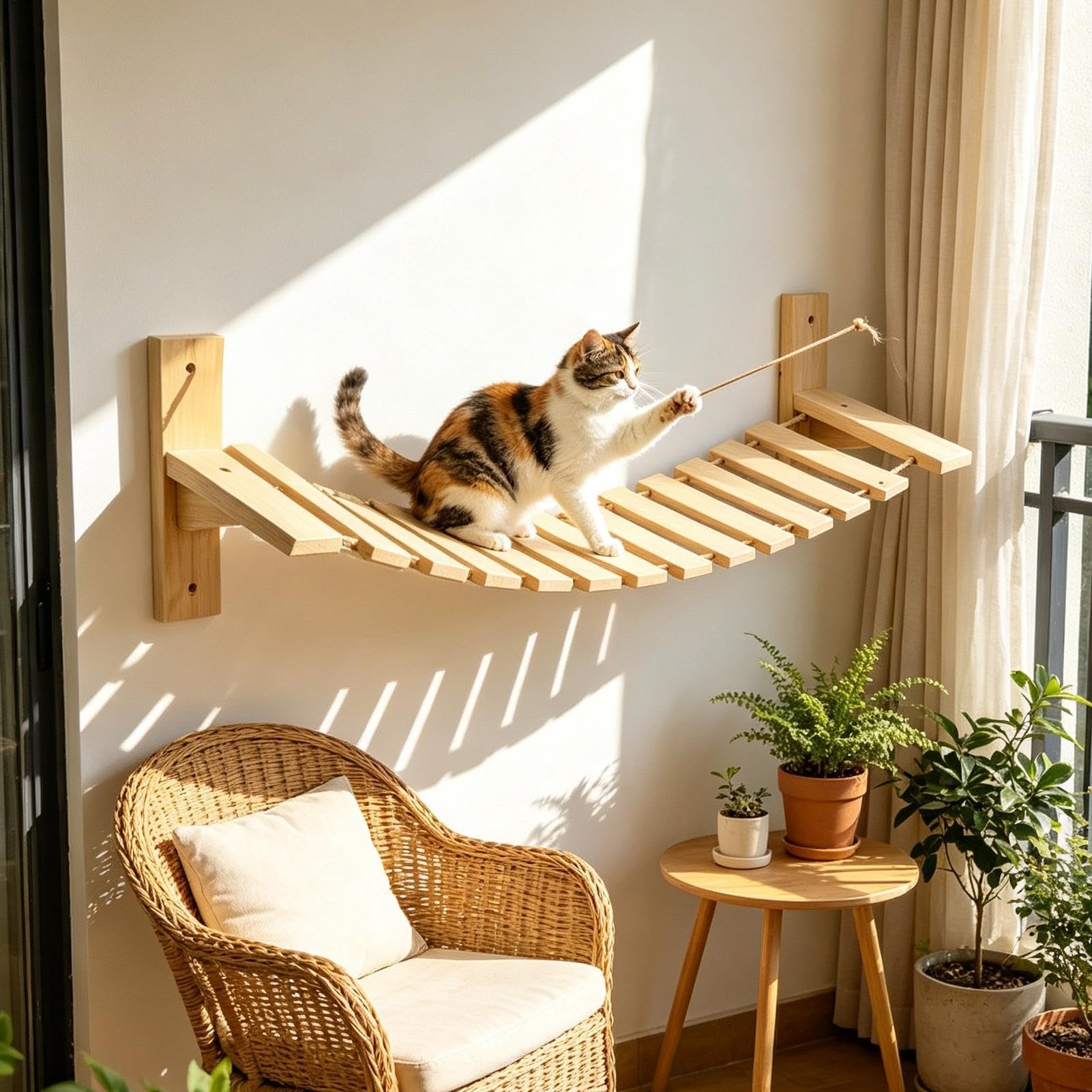 Wall Mounted Cat Bridge - Wooden Activity Center, Indoor Kitten Climbing