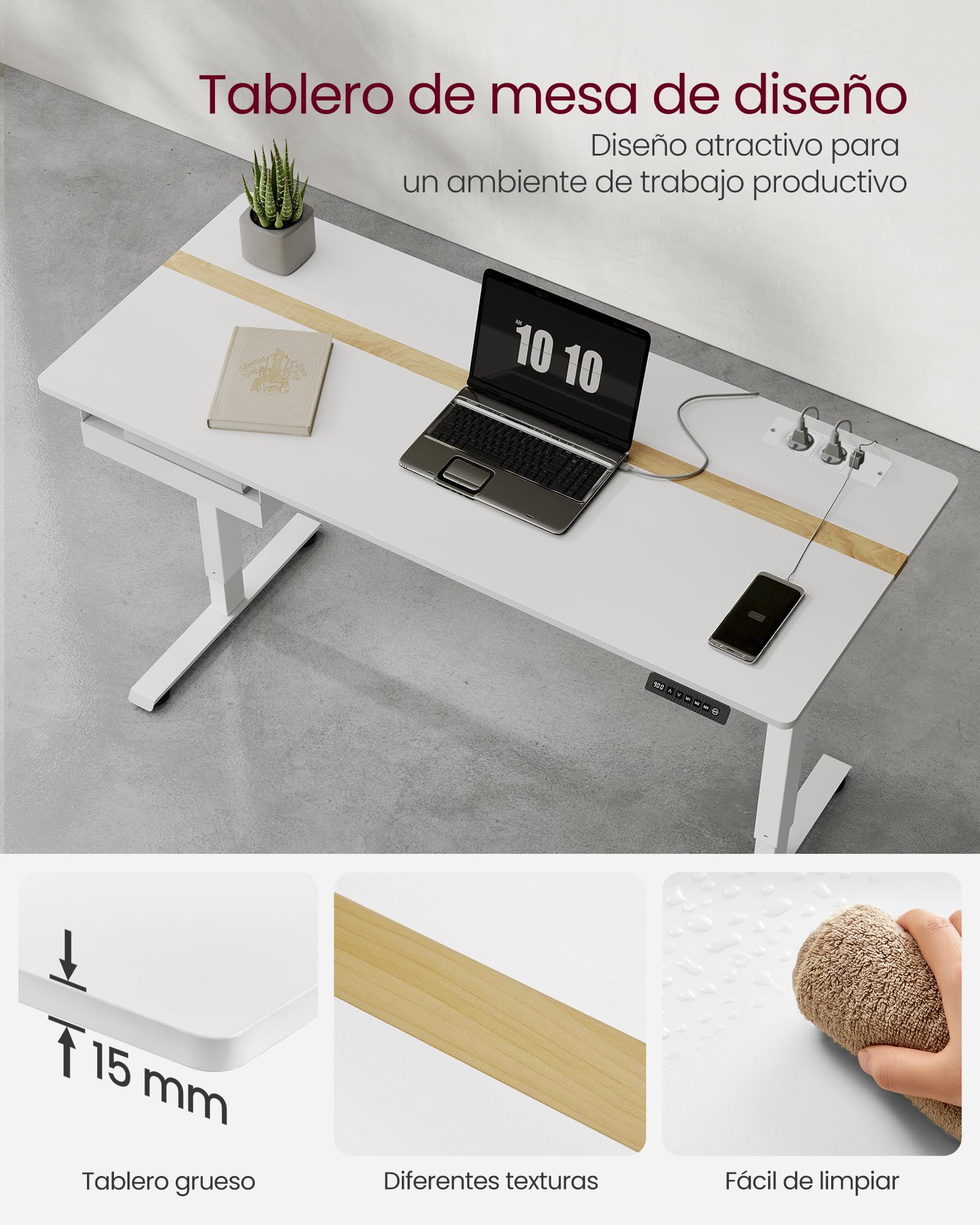VASAGLE Escritorio Regulable en Altura, Mesa Regulable, Enchufe y Cajón, 60 x 140 cm de Encimera, Ajuste Continuo, 4 Funciones de Memoria de Altura, Blanco LSD114W01