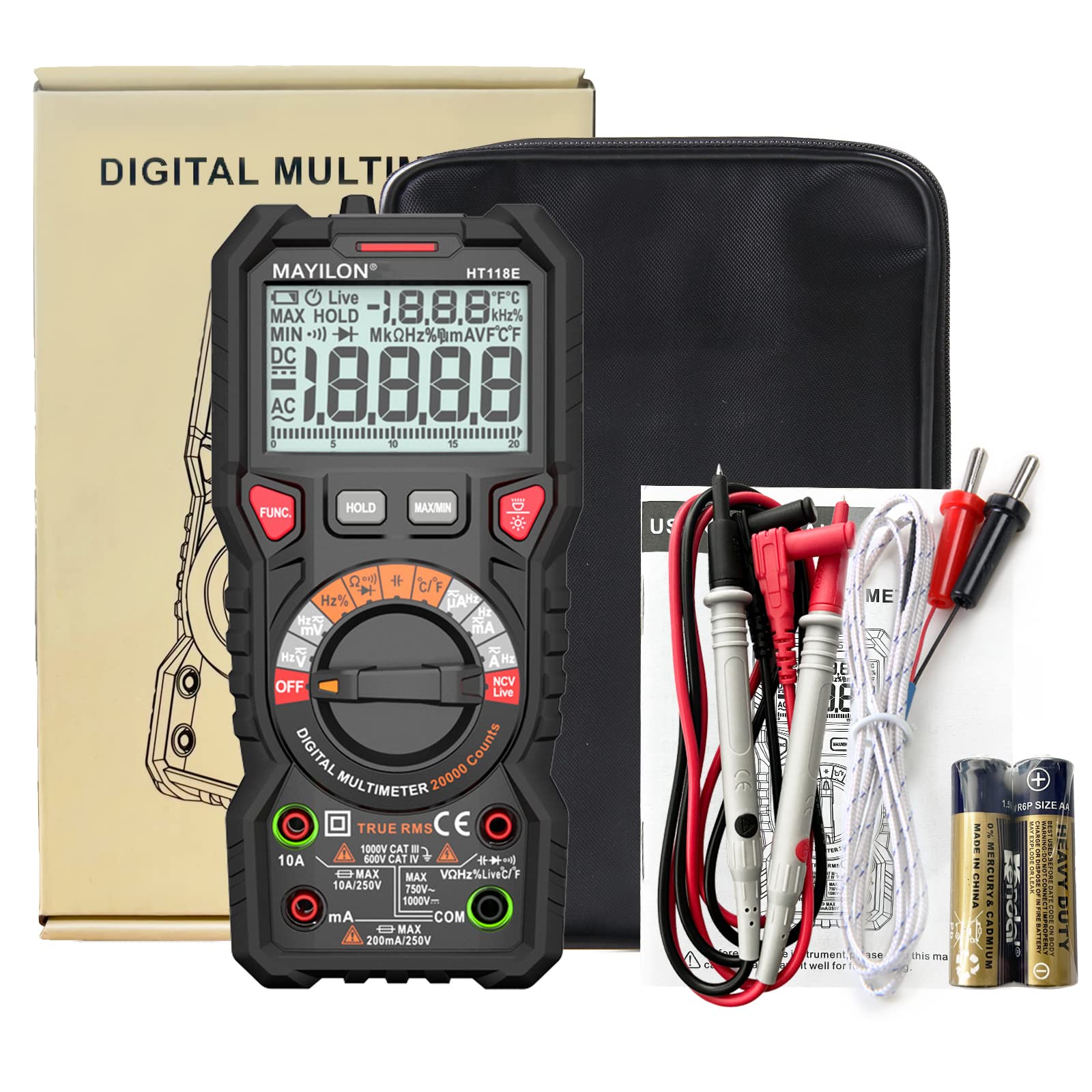 HT118E 20000 Zählt Multimeter Digital, Strommessgerät True RMS mit NCV und LIVE-Draht Erkennung, misst AC/DC Spannung und Strom, Temperatur, Kapazität, Widerstand, Dioden, Kontinuität, Frequenz