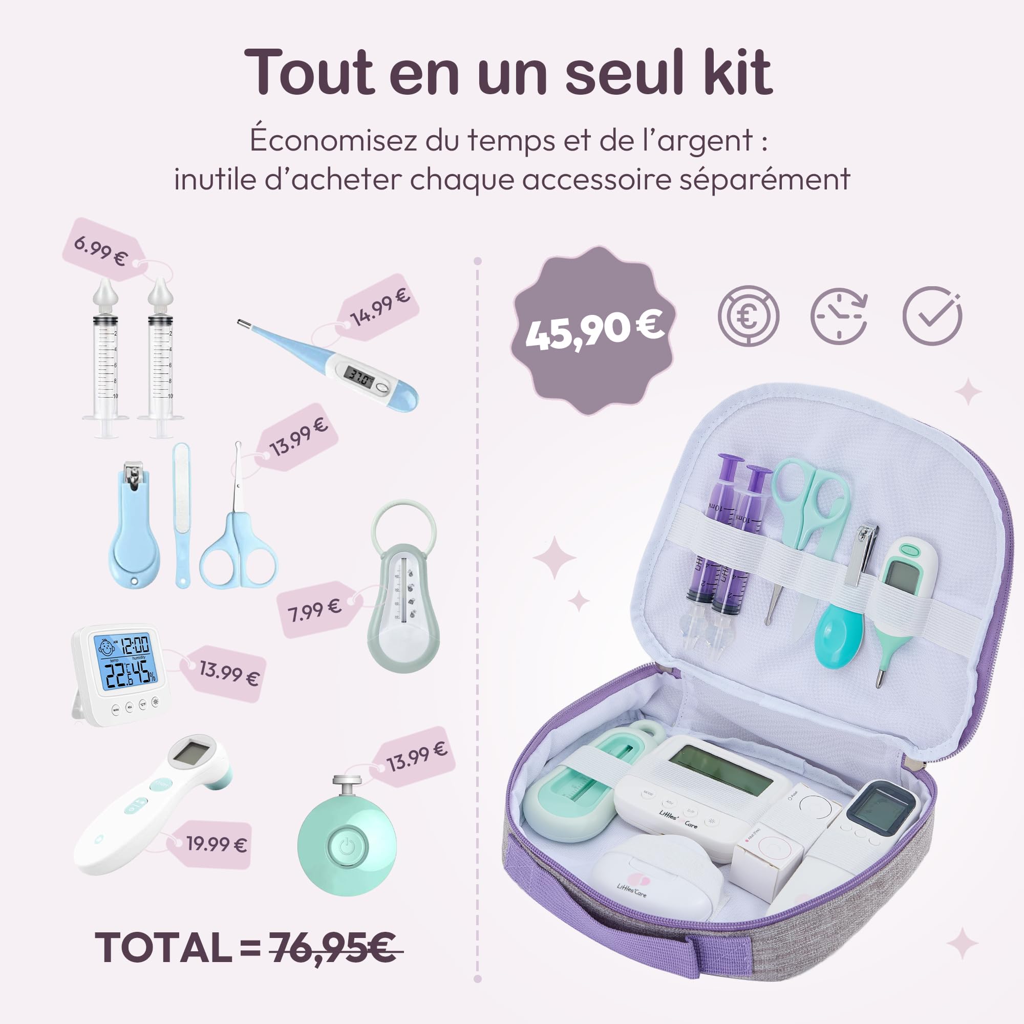 Trousse de toilette soin bebe : thermomètre frontal, mouche bebe seringue nasale, thermometre interieur et bain, lime ponceuse ongles, coffret naissance complet (Thermométre de bain rose)