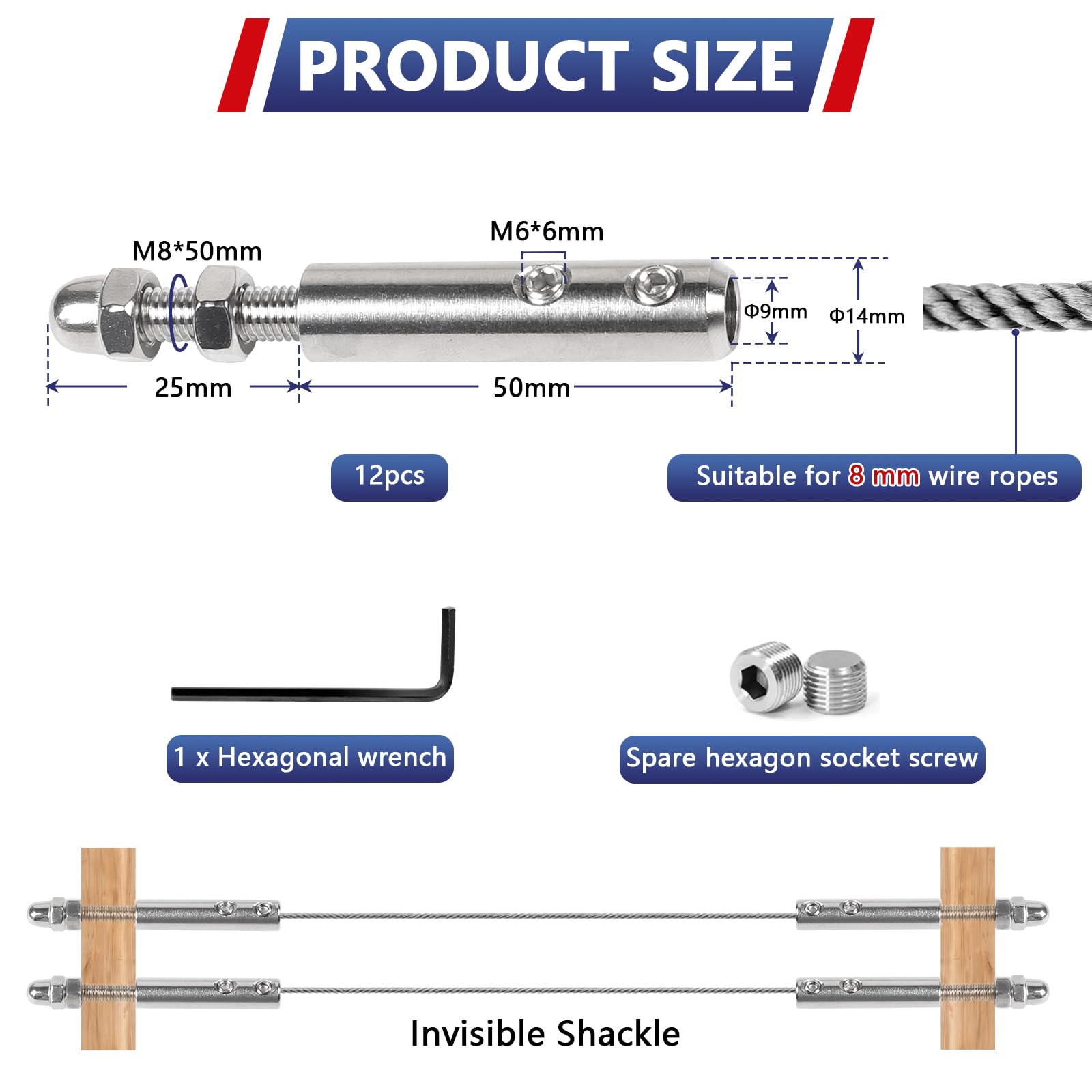Lot de 12 Serre-câbles 8 mm Tendeur en inox avec tige filetée et clé Allen, Serre-câble en acier inoxydable pour la fixation et la tension des câbles remplissage de garde-corps, balustrades