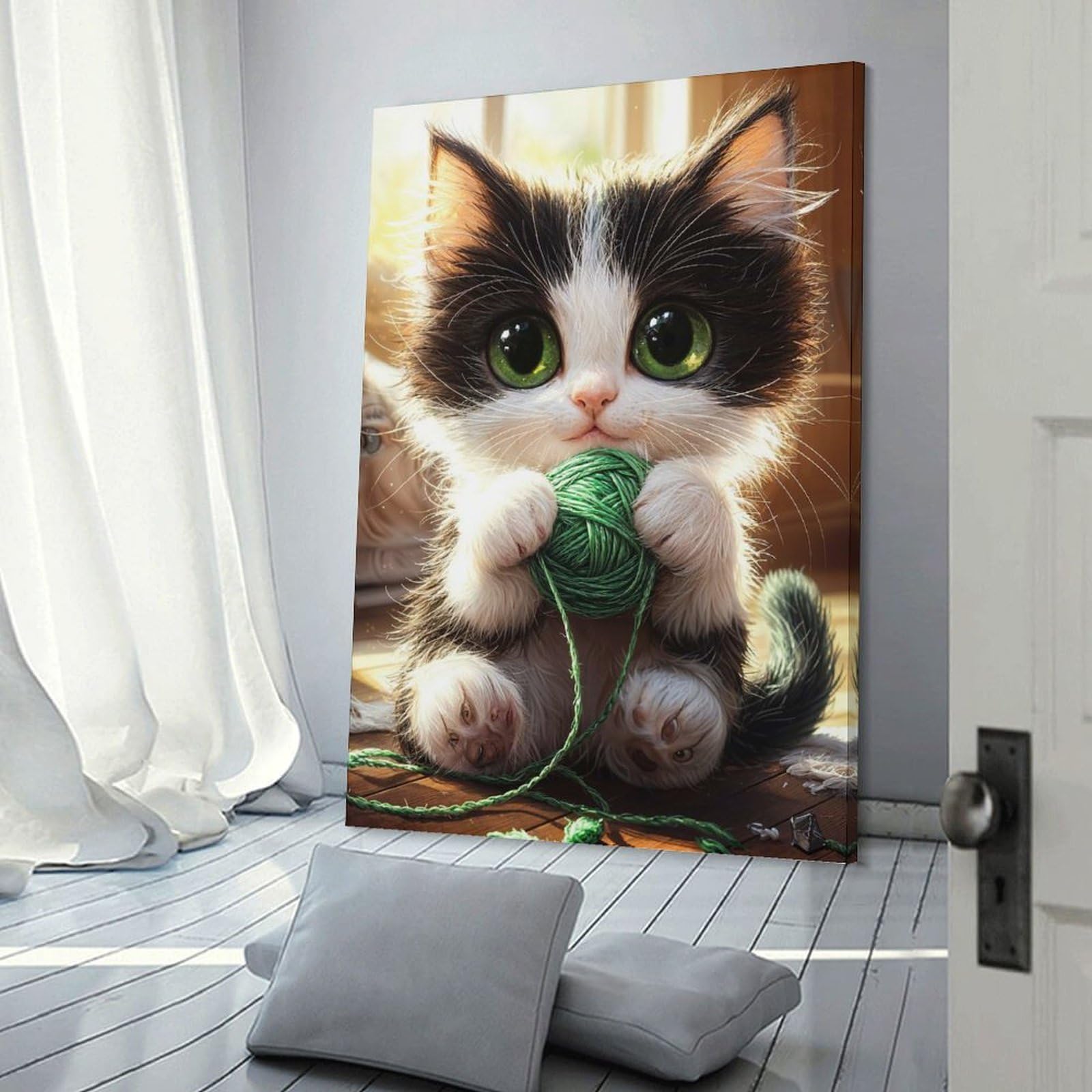 Junmoney Cute Kitten with Yarn Wall Decor Canvas Print 08x12inch(20x30cm), for Lounge, Study, Hallway Or Flat Walls, Decorative Artwork with Broad Appeal