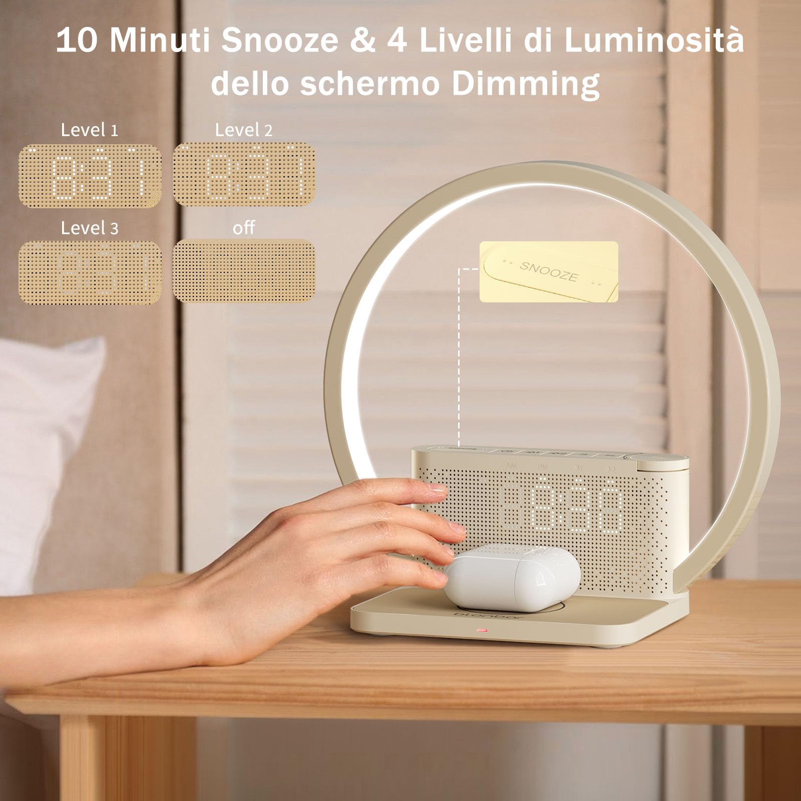 blonbar Lampada da comodino con sveglia luminosa, Wake Up Light, 10 W Wireless Charger, Touch dimmerabile con 3 livelli di luminosità, suono calmante, aiuto per dormire neonati e adulti per camera da