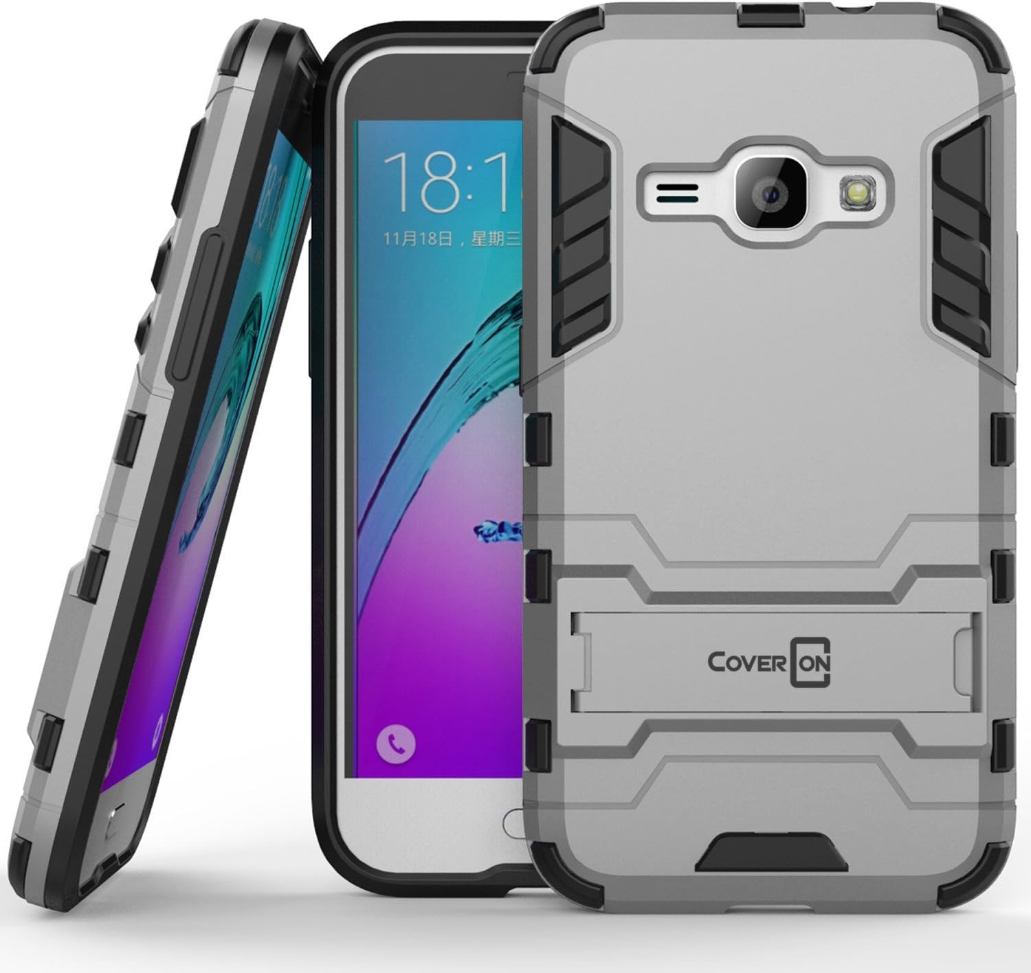 Galaxy Express 3 Case, Samsung Luna case (2016), CoverON® [Shadow Armor Series] Hard Slim Hybrid Kickstand Phone Cover Case for Samsung Galaxy J1 Luna 4G LTE - Silver
