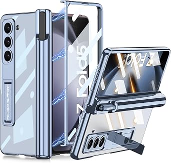 for Samsung Galaxy Z Fold 5 Clear Case with Magnetic Hinge Protection and S Pen Holder, Transparent Plating Shockproof Cover with Adjustable Kickstand & Screen Protector for Z Fold 5 Blue