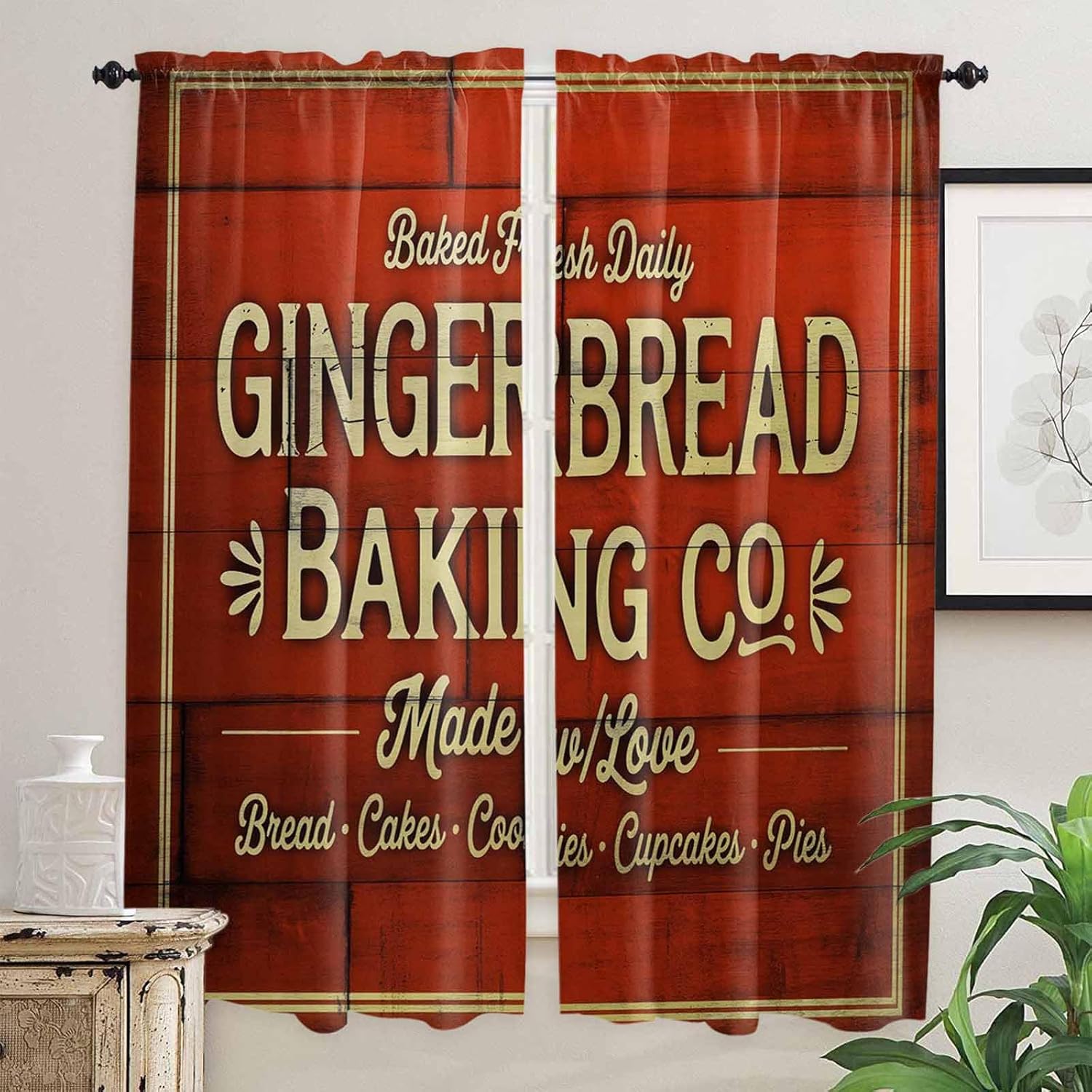 Christmas Winter Window Curtains 72 Inch Long 2 Panel Set, Rod Pocket Long Curtains & Drapes, Ginger Bread Retro Red Wooden Grain Light Filtering Window Treatment for Bedroom Living Room 52"W x 72"L