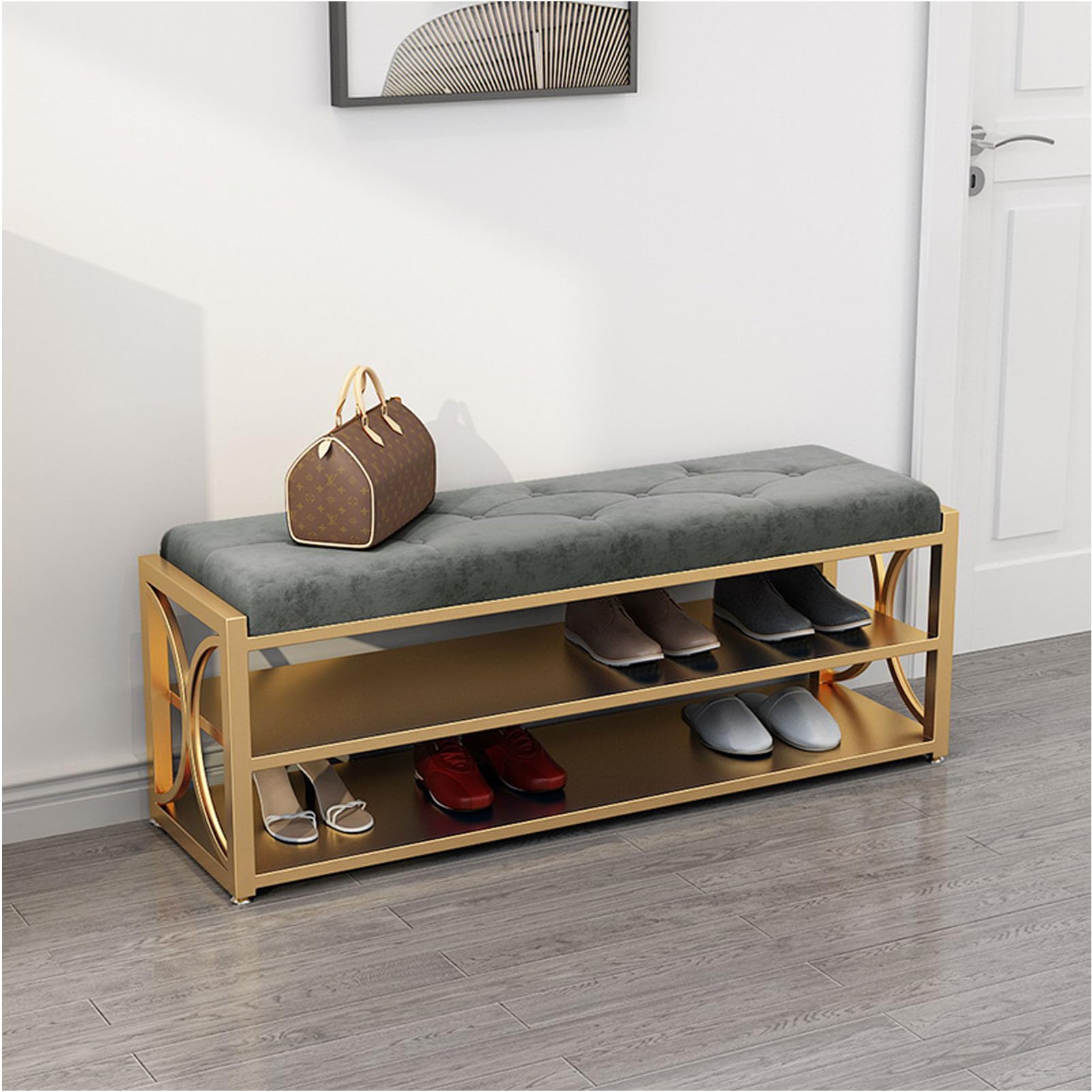 KLGFBDC Entryway Bench Shoe Rack, Upholstered Storage Bench with Golden Shelf, Velvet Shoe Storage for Hallway