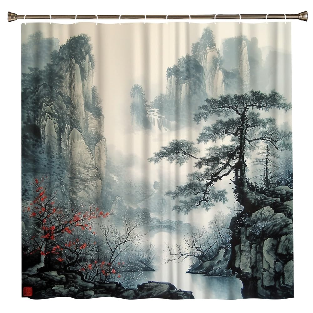 QWRSMYX Asian Scenic Shower Curtain Misty Forest Chinese Japanese Landscape Fog Mountain Pine Tree Ink Painting Christmas Bathroom Decor Set with