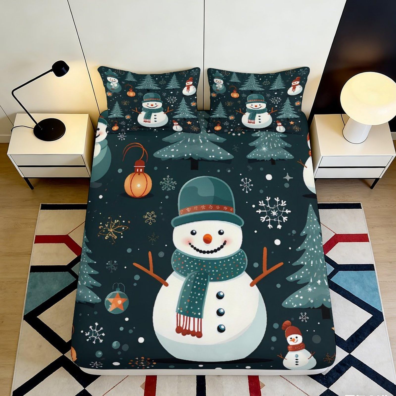 3D Printed Christmas Snowman Fitted Sheet Microfiber Soft Dark Green Tree Mattress Cover Bedroom Guestroom Decor 90x200x25cm