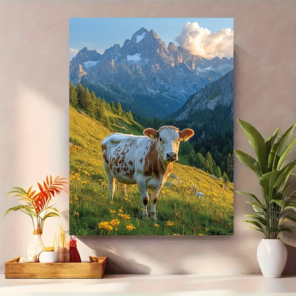 Obraz ścienny z motywem krowy w Dolomitach, obraz ścienny z motywem krowy, do salonu, korytarza (50 x 60 cm/z ramą)