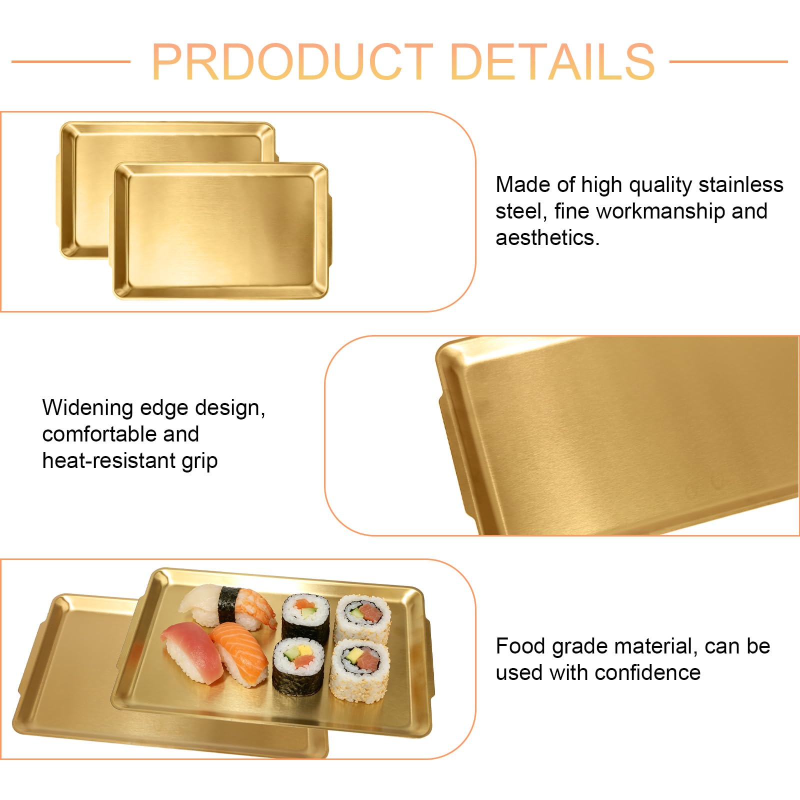 3 Pezzi Vassoio Rettangolare Oro in Acciaio Inox Grande Vassoio da Portata Dorato Acciaio Inossidabile Piatti Portata Rettangolari Oro per Barbecue Cene Feste Buffet Campeggio(40 x 24 x 1.6 cm)