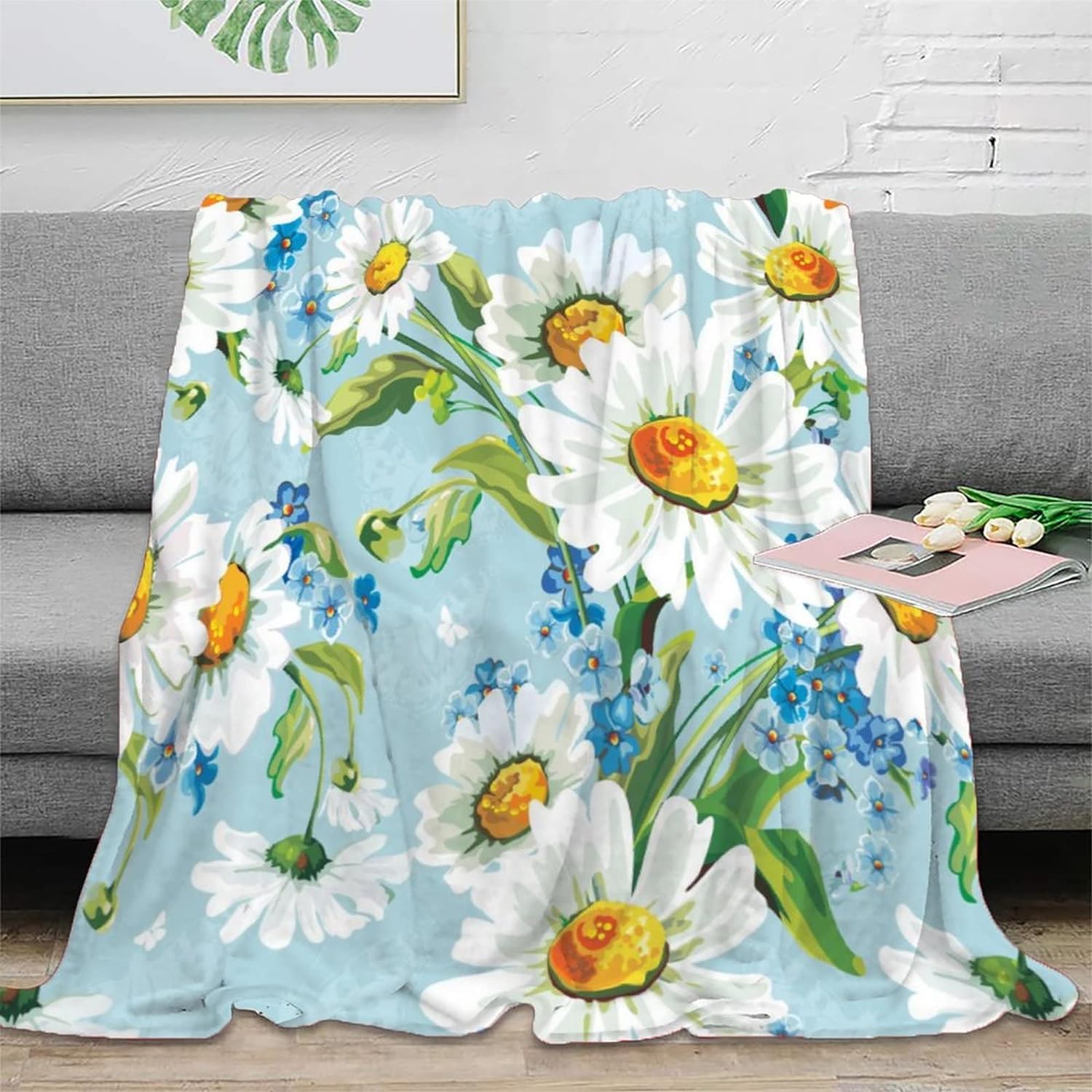 Couverture Polaire 180 x 220 cm Blanc, Plaid Polaire Fleurs Couverture 3D Imprimée Flanelle Blanket Literie 2 Personnes, Couvertures Doux et Chaude pour Canape Lit D353