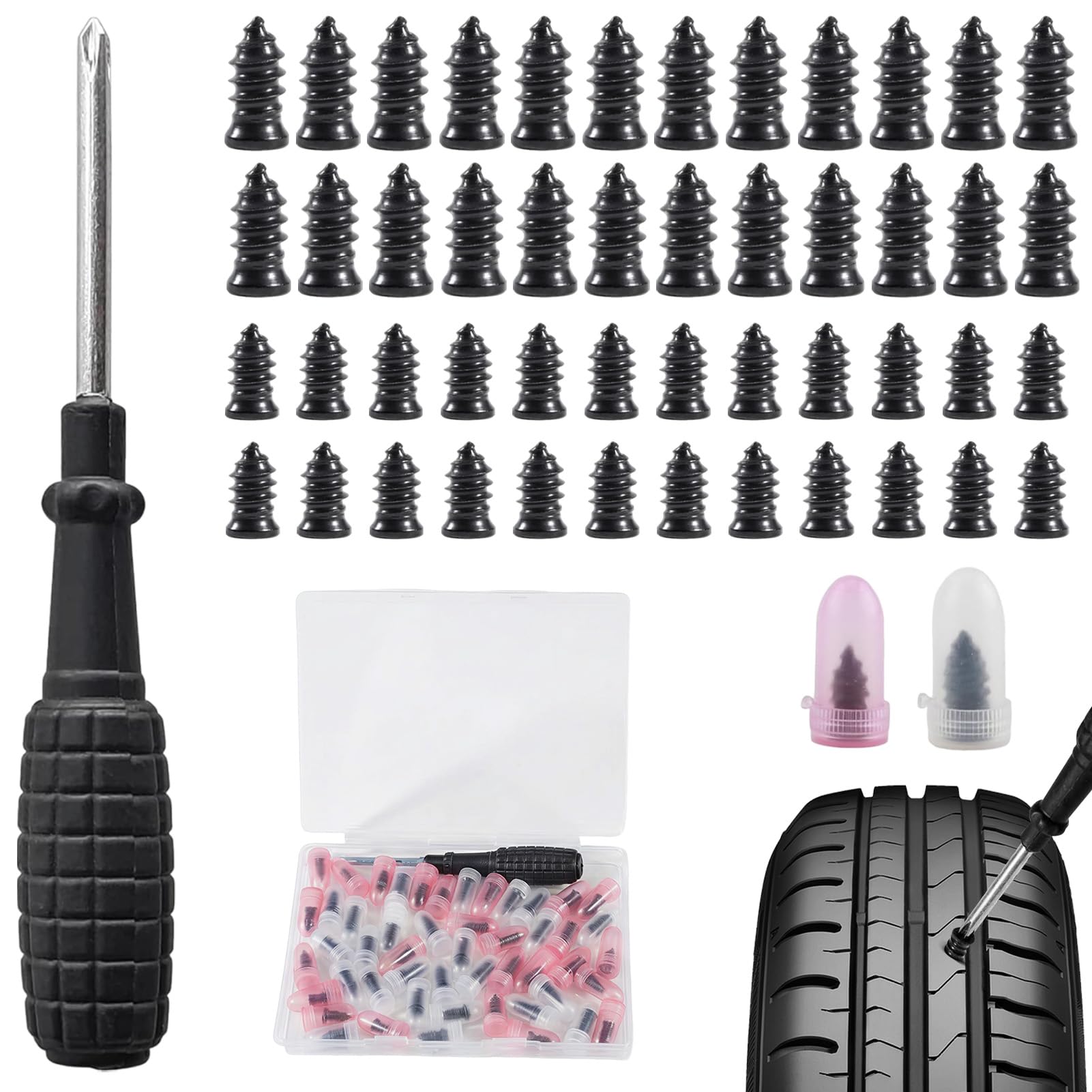 50 Pcs Tyre Repair Screws Rubber Kit with Storage Box for Car (25S+25L)