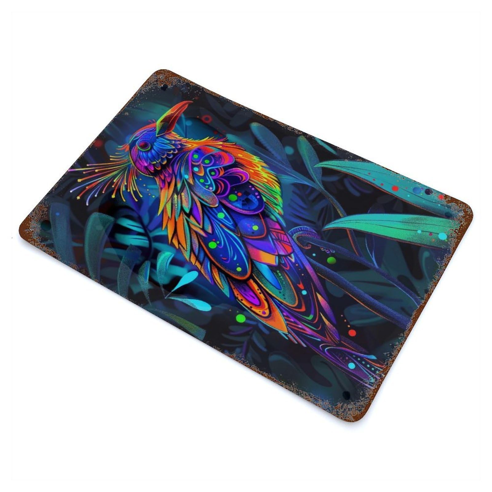 Vintage Rust Metal Sign with Neon Bird in Jungle Design 11.8"x7.9", for Farmhouse, Kitchen And Entryway Decor, Novelty Wall Decor