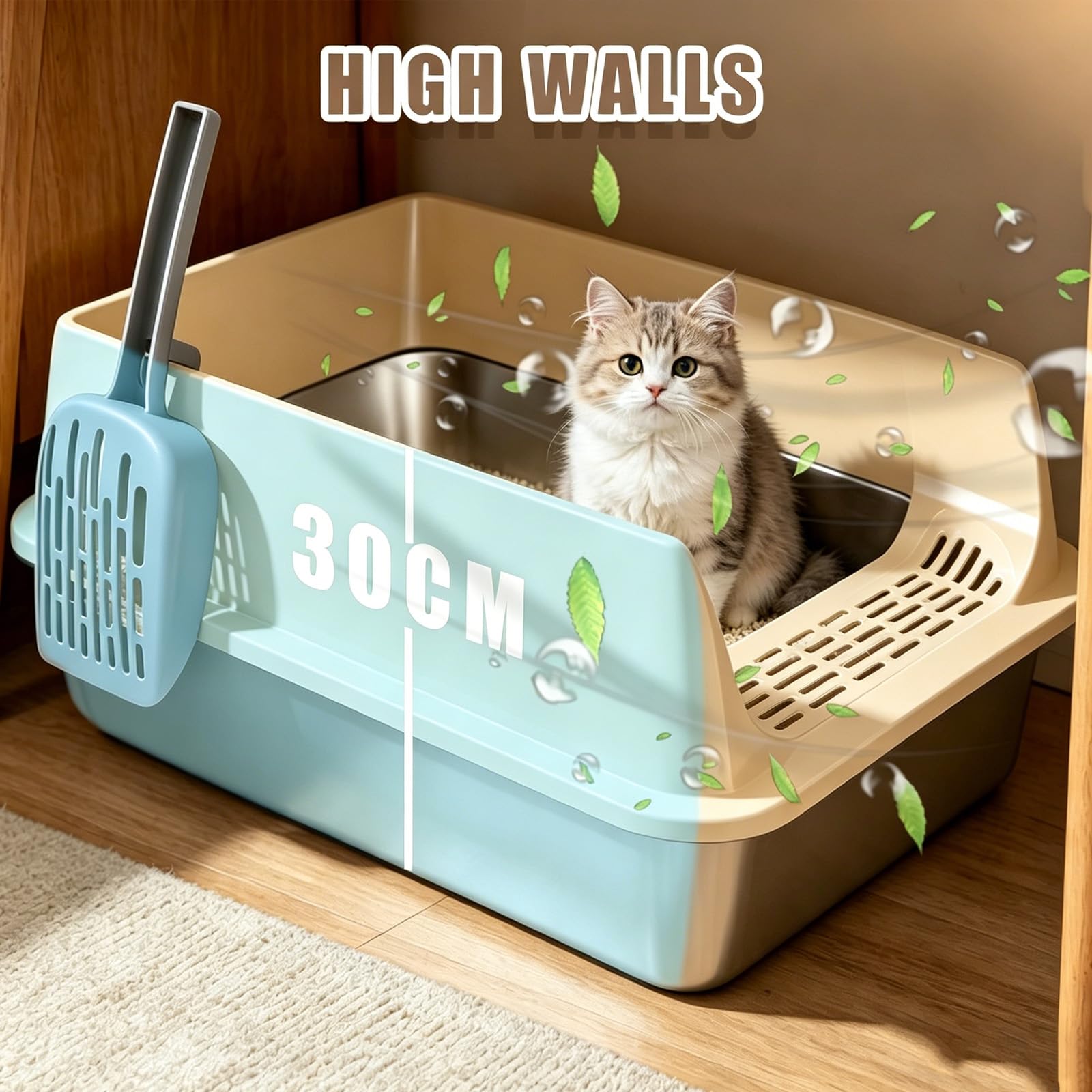 Bac Litière INOX XXL, Grande Litière pour Chat Bord Haut 30cm Anti-Projection, Toilette Chat Métal Ouverte avec Pelle et Pédale, Facile à Nettoyer, Kaki (60x40x30cm)