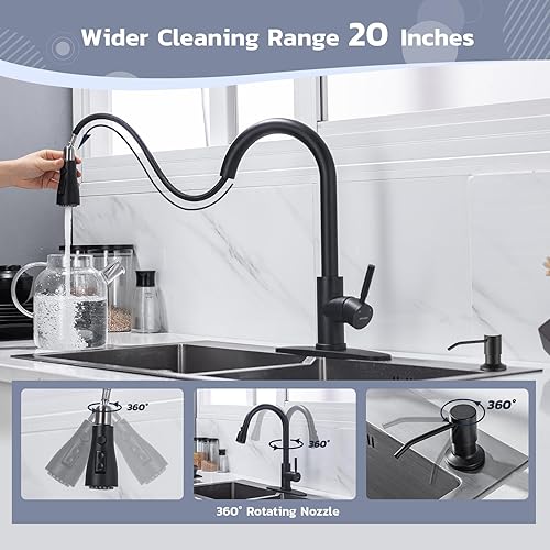 Vista 62 de WEWE Grifo de cocina en cascada con rociador extraíble, 3 modos (barrido/corriente/cascada) modo de interruptor giratorio, grifo de fregadero