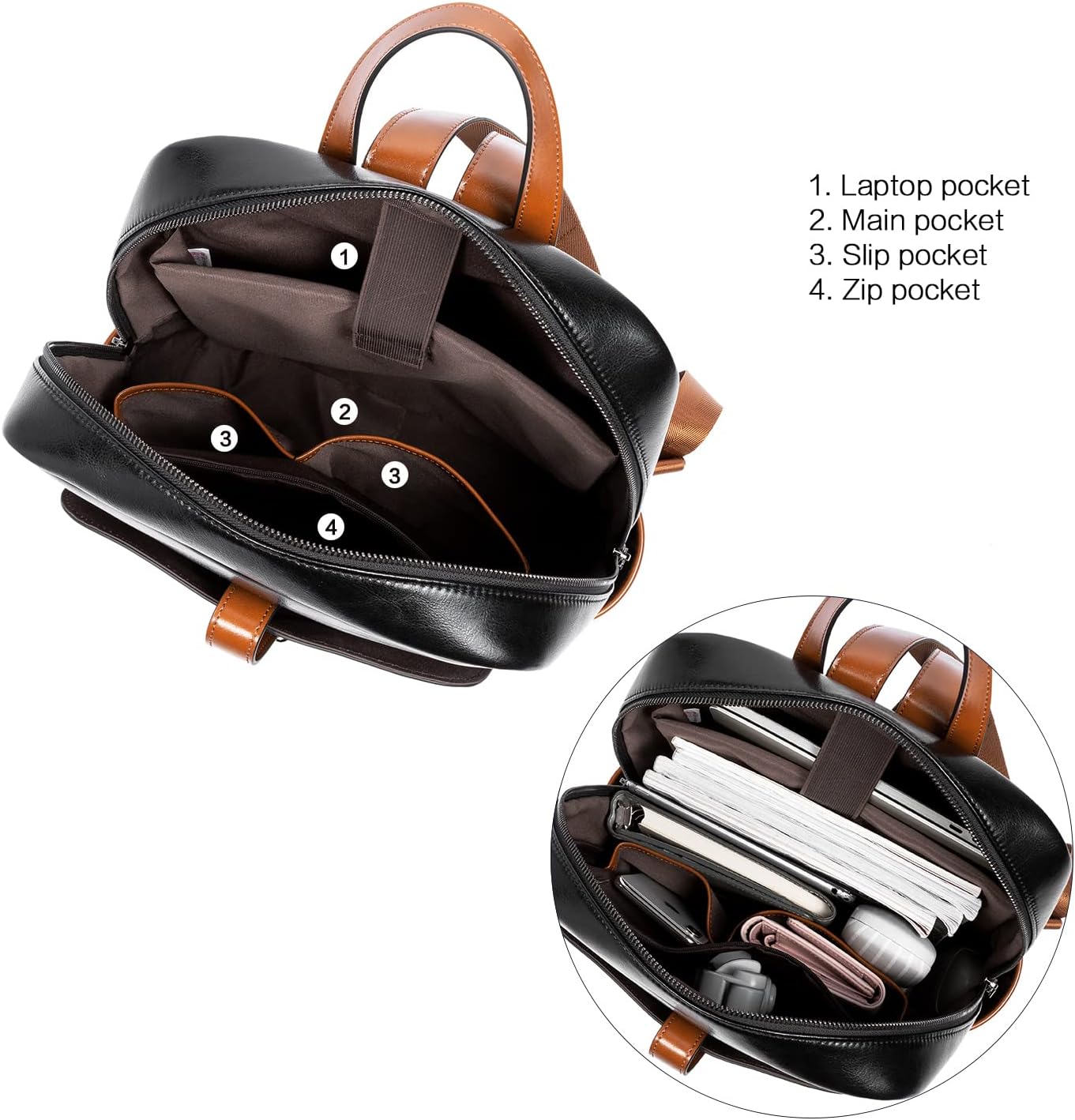 BOSTANTEN Leather Laptop Backpack for Women,15.6 inch Computer Backpack Purse College Daypack Work Travel Bag Black-brown - Image 4