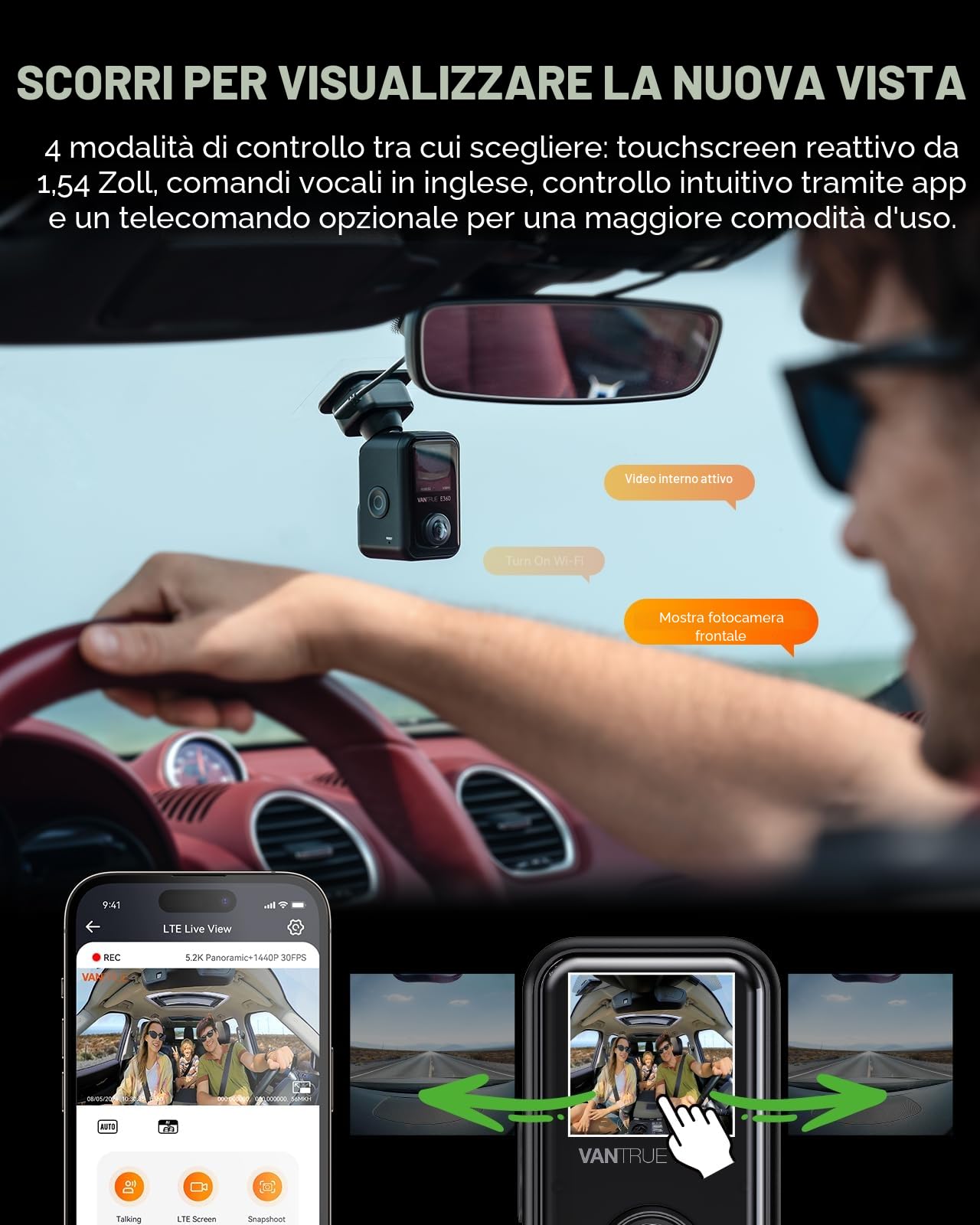 VANTRUE E360 DashCam Panoramica 5.2K HD Doppia lenti 360° 1944P+1944P Copertura Ultra 210°Visione, STARVIS 2,infrarossi, 5G WIFI,GPS,HDR, Touchscreen 24/7 Parking Modalità Support SD512G LTE concesso