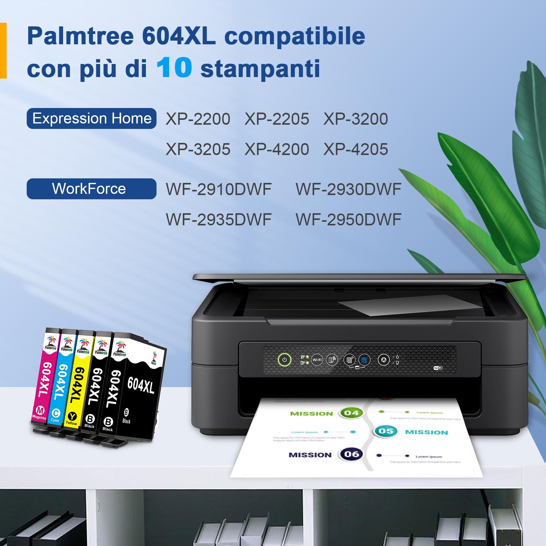 Palmtree 604XL Cartucce di Inchiostro Compatibili per cartucce epson 604 per cartucce epson xp 2200 wf 2930 per Epson Expression Home XP-2200 XP-4200 XP-3200 Workforce WF-2950DWF WF-2910DWF (5 Pezzi)
