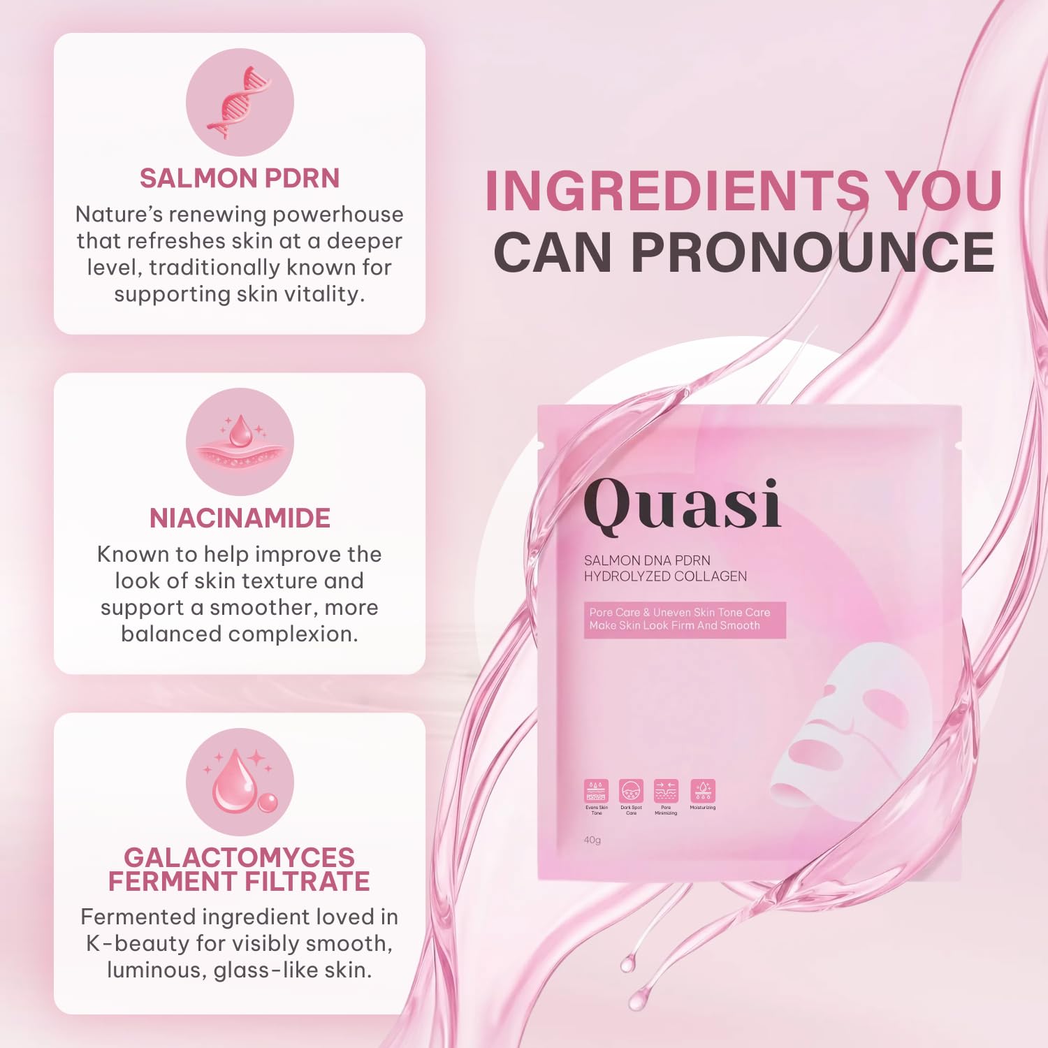 Quasi Salmon PDRN Collagen Mask - Korean Skin Care Gel Gesichtsmaske für Hydratation, Straffung & Glättung der Hautpflege, Kollagen Boost & Pore Care - 4 Masken, nicht reizend, natürliche
