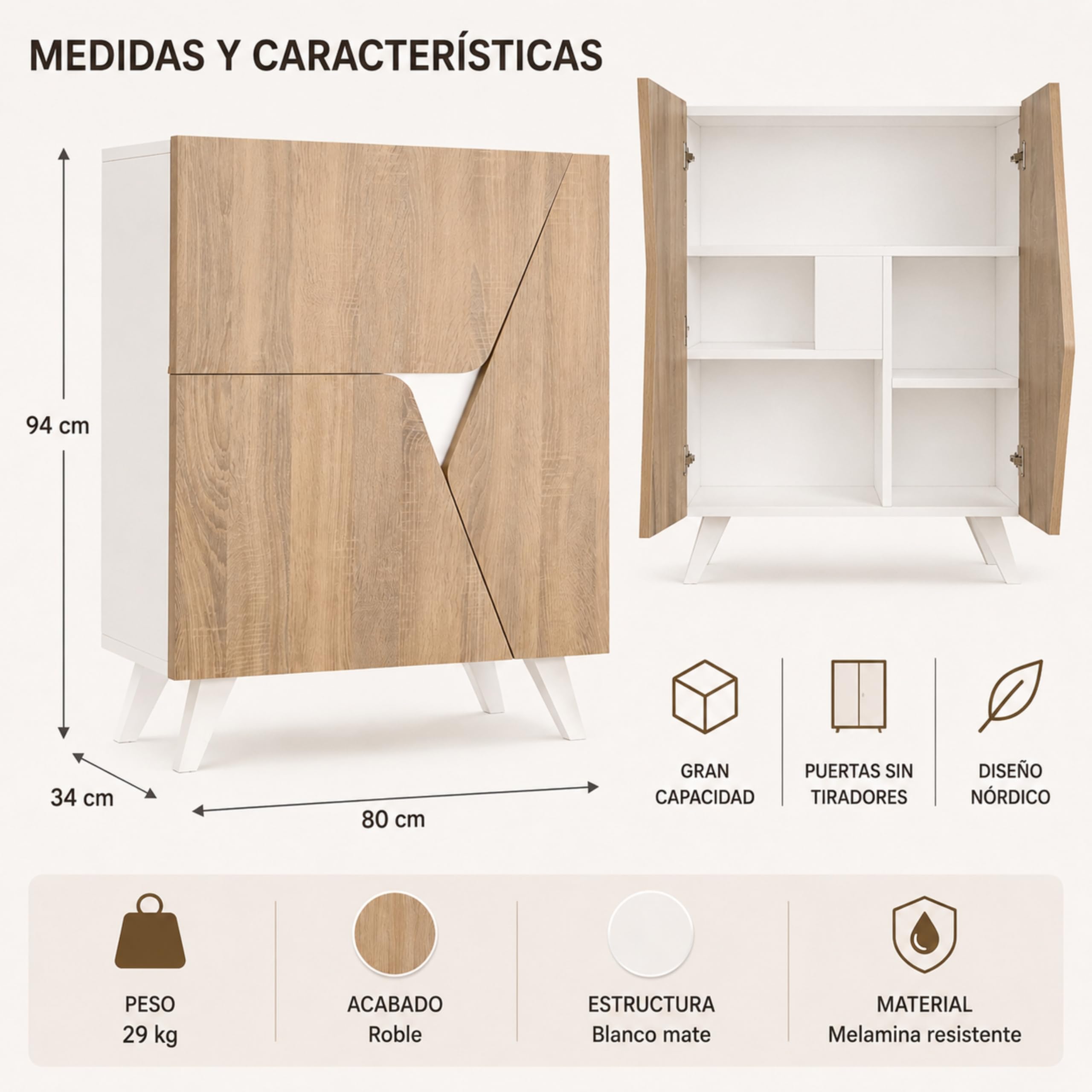 Mueble Aparador Comoda en Roble y Blanco 80 x 94 x 34 cm - Mueble Recibidor, Aparadores para Salon, Aparador Entrada Recibidor. Marte