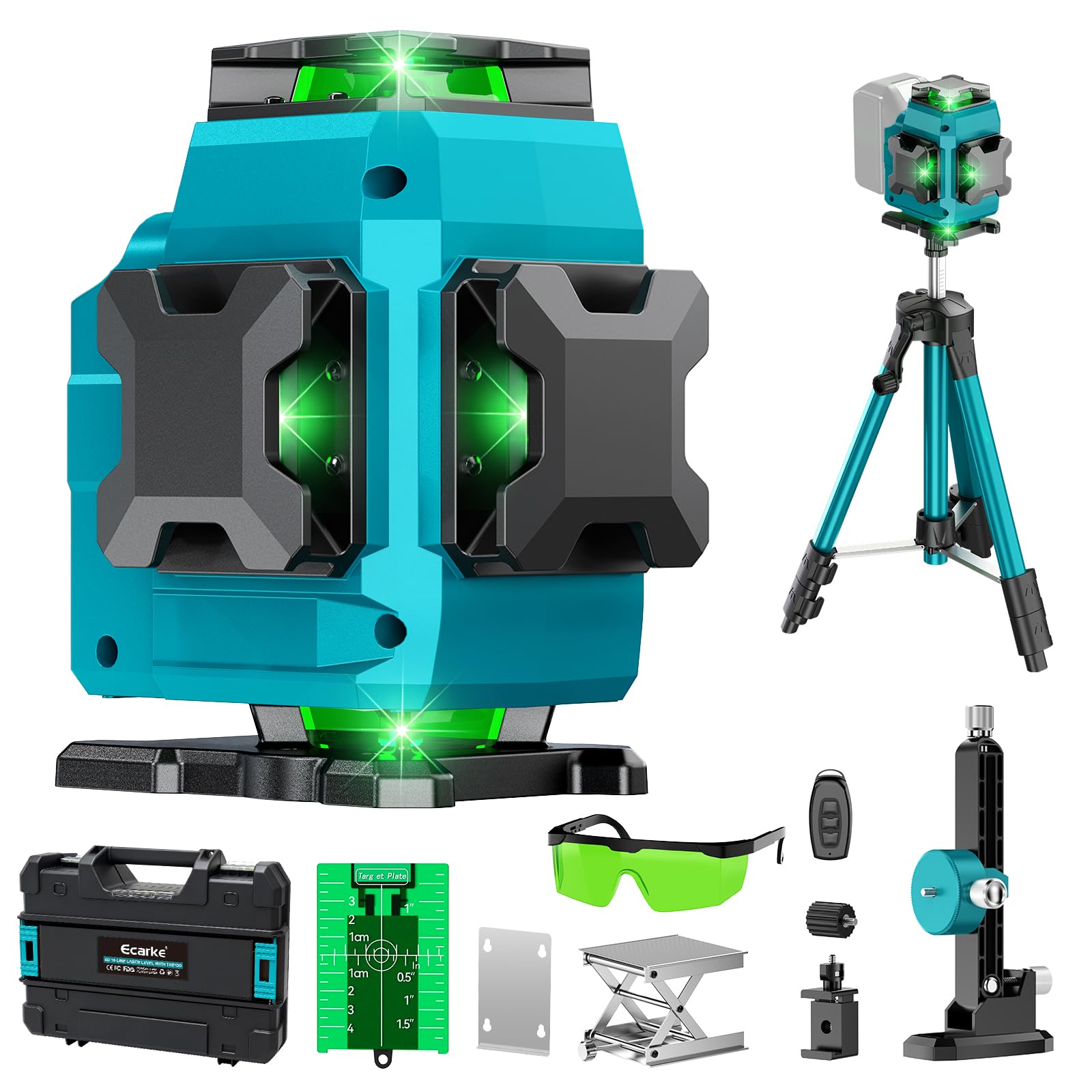 Ecarke 4D Laser à Lignes Croisées Vert, 16 Lignes, 4x360° avec Trépied, Compatible avec Batterie Ma-kita 18V, Laser Auto-Nivellant pour La Construction, Les Carreaux (Outils Uniquement)