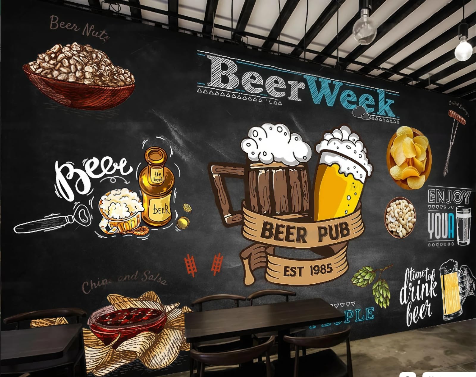 Xdoubao 3D Wallpaper Retro Creative Personality Hand-Painted Blackboard Bar Barbecue Gourmet Coffee Shop Background Mural Western Restaurant Wallpaper,,430X300cm