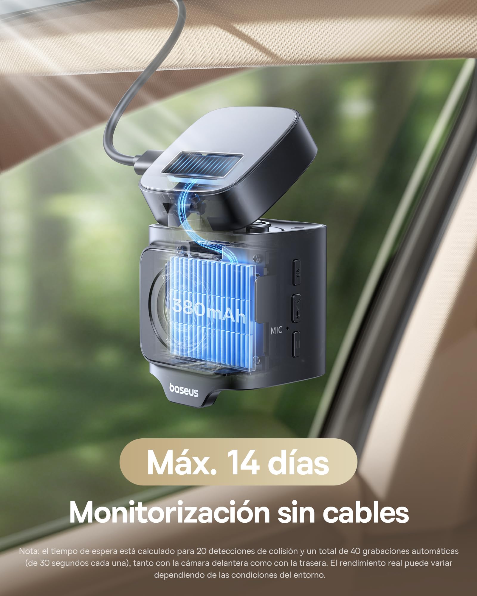 Baseus VD1 Pro Dashcam Cámara Coche Antivandálica 4K+1080p, Dash CAM Solar con Modo Parking Standby de Batería de 14 Días, Camara Vigilancia Coche con STARVIS, Wi-Fi 5 GHz, GPS, Tarjeta de 32 GB