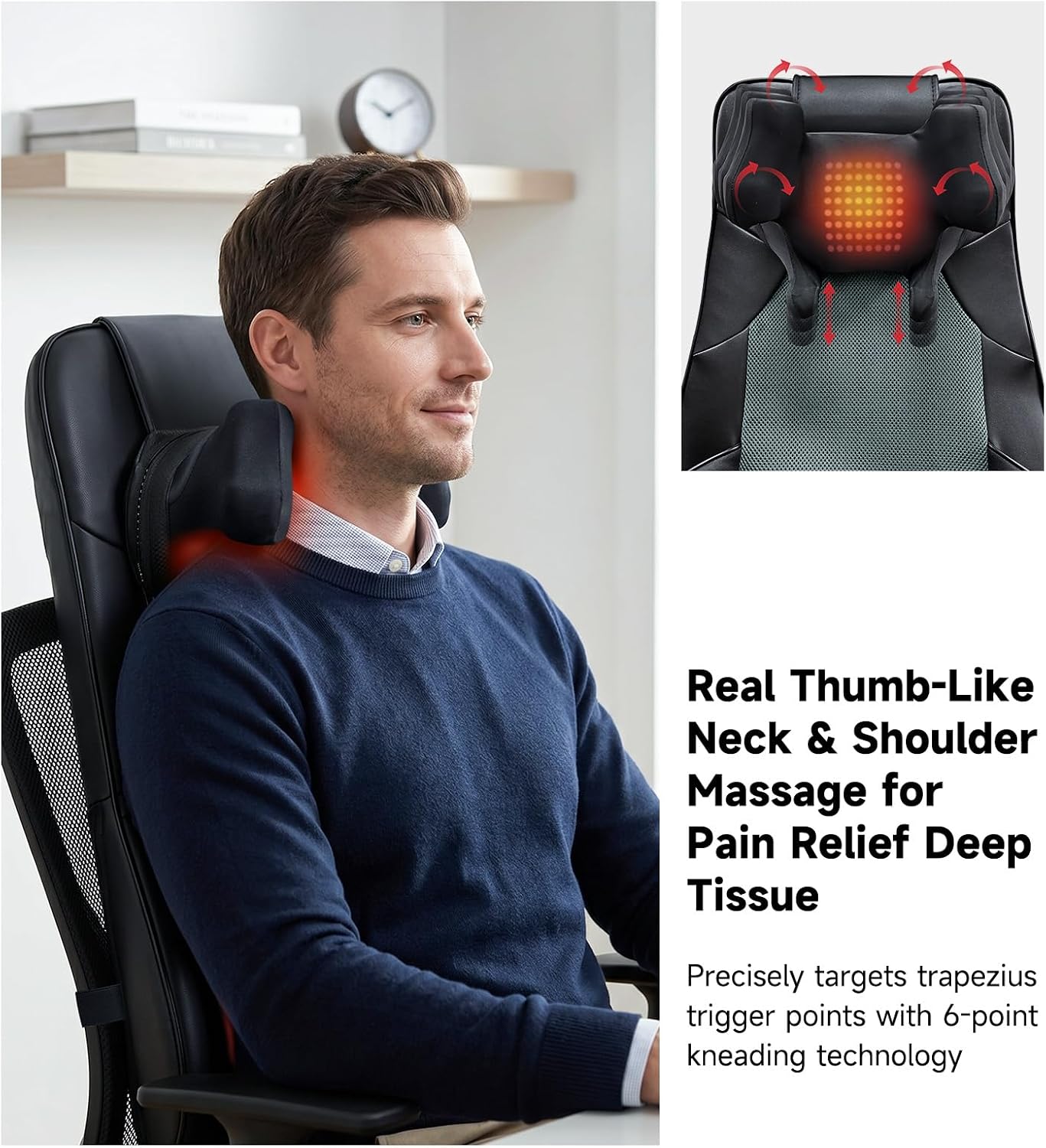 Back and Neck Massager for Chair with Heat, Shiatsu Shoulder Massage Seat Cushion with Finger-Grip Neck Kneading, Full Back Deep Tissue Rolling, Seat Pad, Adjustable Height, Office & Home Use, Black