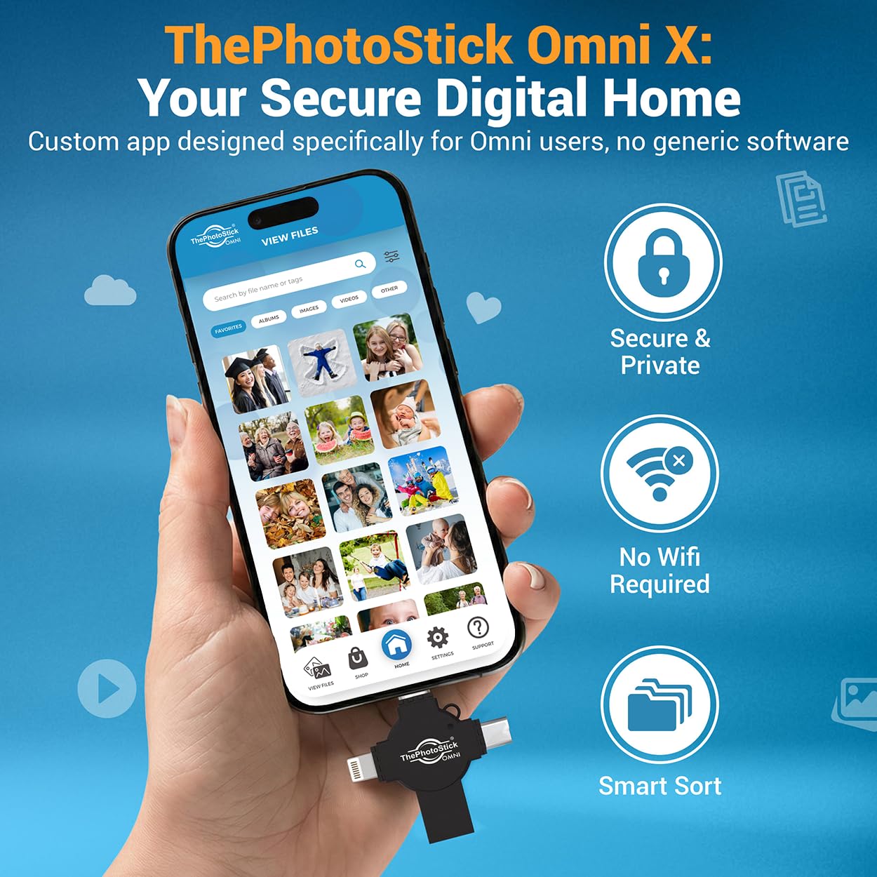 ThePhotoStick® Omni X - 64 GB - Copia de seguridad y transferencia segura de fotos y videos | Organización de archivos digitales | Conexión USB y multipuerto para teléfonos, tabletas y computadoras |