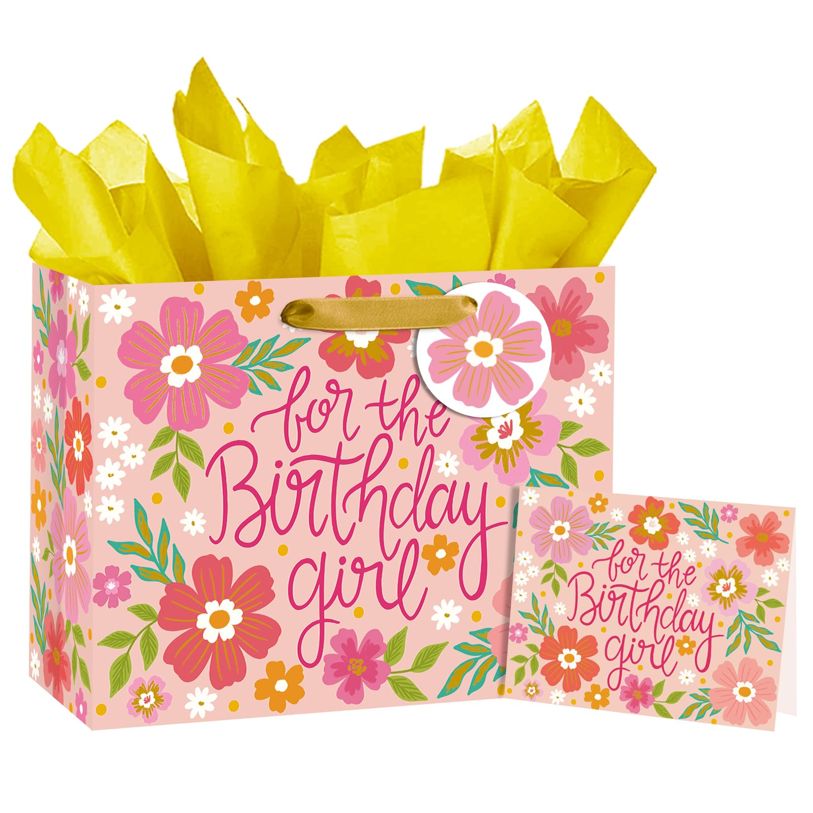 Loveinside 13" Large Floral Gift Bag for Women & Girls - "For the Birthday Girl" Pink Flower Design with Tissue Paper Card Tag - 13"x5"x10" 1 Pc for Party Favor