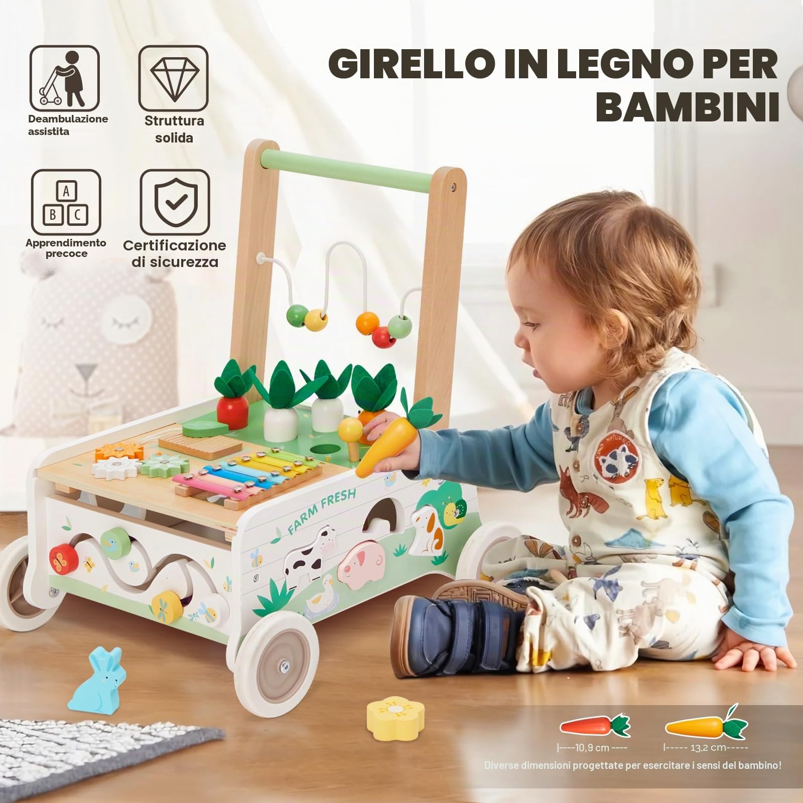 labebe - Girello Bambino, Primi Passi Legno per Bambini&Bimba, Girello Neonato&Bambino Primi Passi, Carrellino Girello Primi Passi per Bambini Legno, Giro Girello Giardino/Esterno per 1-3 Anni Bambini