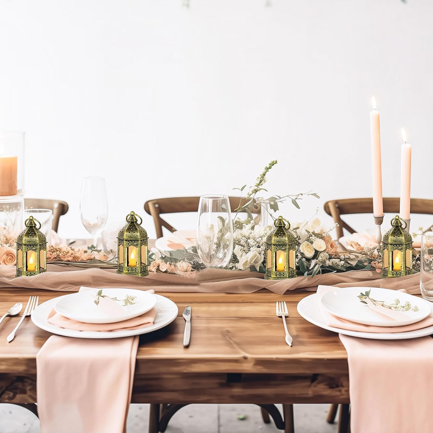 Mini Gold Lanterns with LED Candles, Set of 6 for Centerpieces