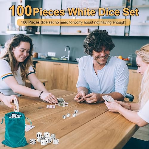 Miniatura 3 de SLSESIN Juego de 100 dados blancos, dados de juego estándar de 0.63 pulgadas, dados opacos de seis caras con bolsa, dados blancos a granel de puntos
