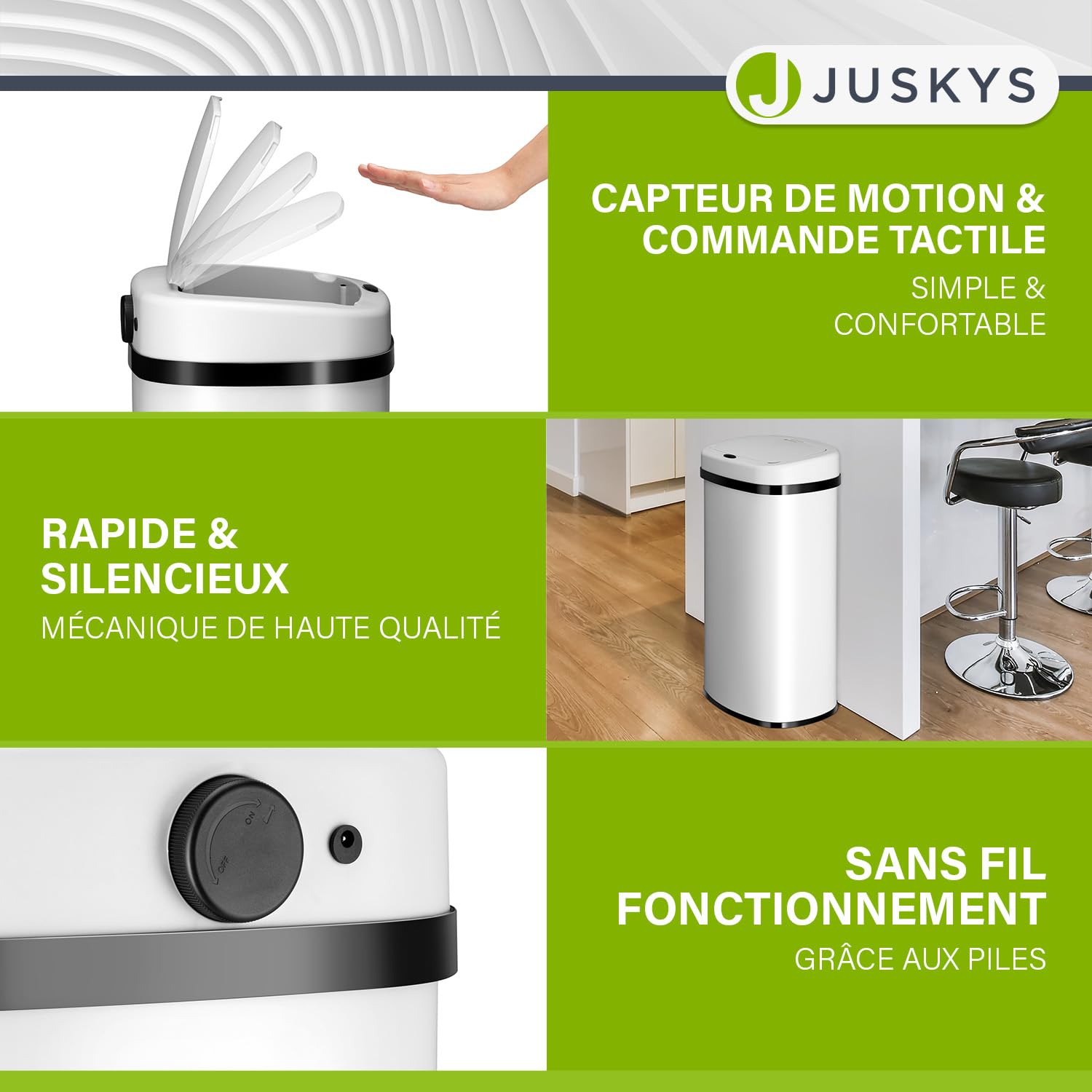 Juskys Poubelle automatique avec capteur de 60 L - poubelle électrique, détecteur de mouvement, couvercle automatique, étanche, rectangulaire, cuisine - blanc