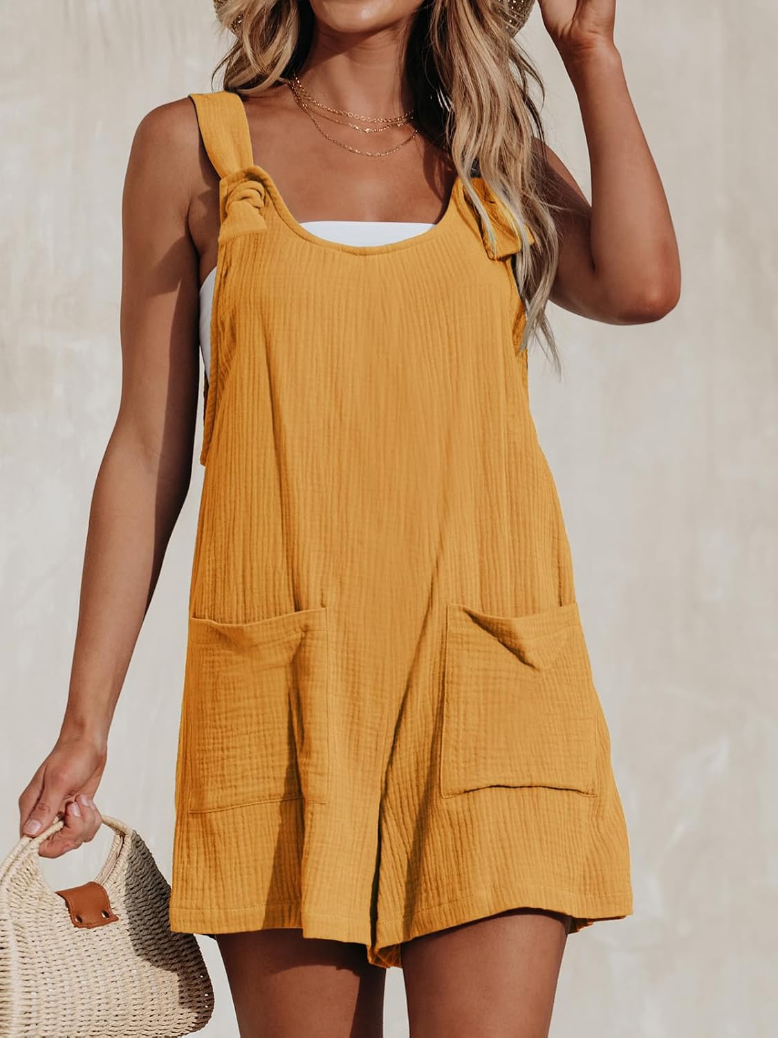 CUPSHE Women's Tie Strap Short Overalls Sleeveless Romper Casual Summer | Front Pockets, Lightweight Textured Fabric, Comfy Baggy Fit, Summer Beach Vacation Outfit, Holiday Travel, Lounge Wear