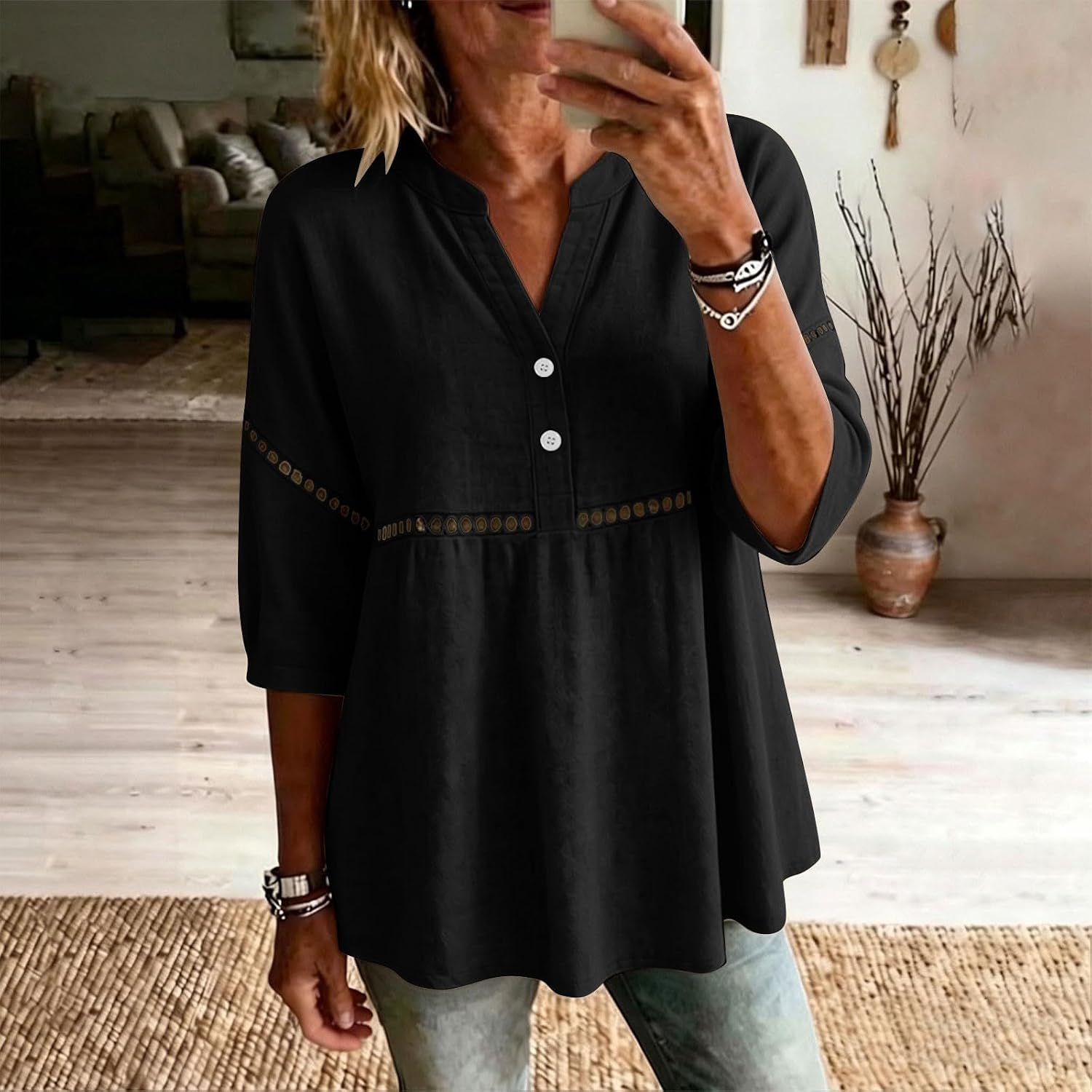 Womens Half Sleeve Tops Dressy Casual V Neck Button Loose Hollow Out Shirts Summer Beach Vacation Blouses Clothes