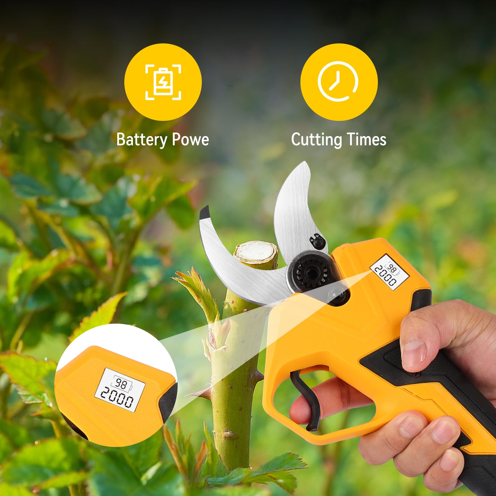 Forbice potatura a batteria con Cavo di Prolunga: 45mm Forbici Potatura a Batteria con 2 Batterie 2000mAh 21V e Lame in Acciaio SK7,Cesoie a Batteria per Potatura per Potatura Giardino, Olivo, Ulivo