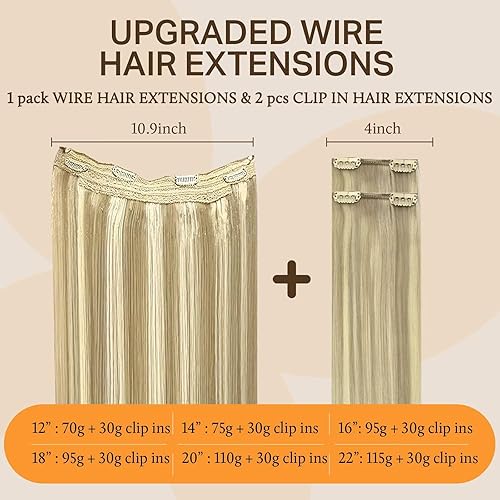 Miniatura 5 de Extensiones de cabello con alambre, extensiones de cabello humano Remy de 16 pulgadas, 3.35oz, 2 extensiones de cabello con clip, rubio claro, rubio