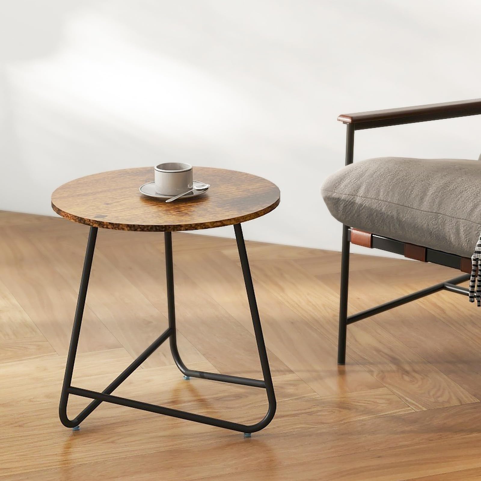 HDANI Tavolino Rotondo,Tavolino in Metallo,Tavolino da Caffè Piccolo, Tavolino da Divano Tavolo per Soggiorno Camera da Letto,Comodino Moderno(Marrone Vintage-Nero, 45 x 45 x 48,5 cm)
