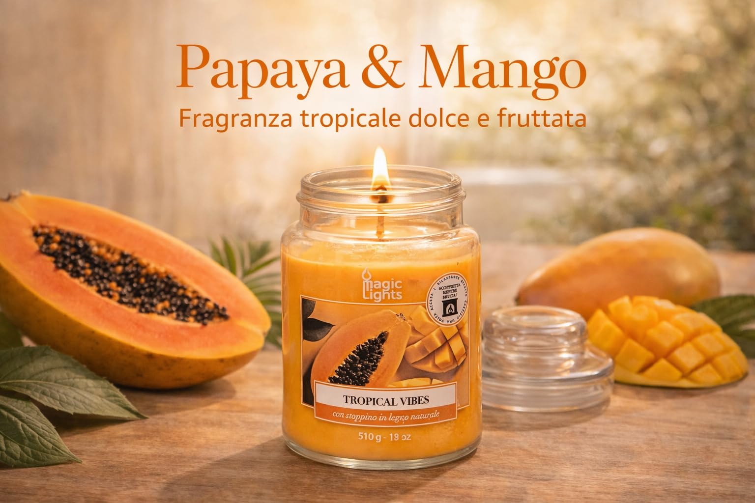 Świeca słoika 510 g Tropical Vibes - Papaya - Mango z woskiem roślinnym min. 75% - naturalny knot drewniany, wyprodukowany we Włoszech