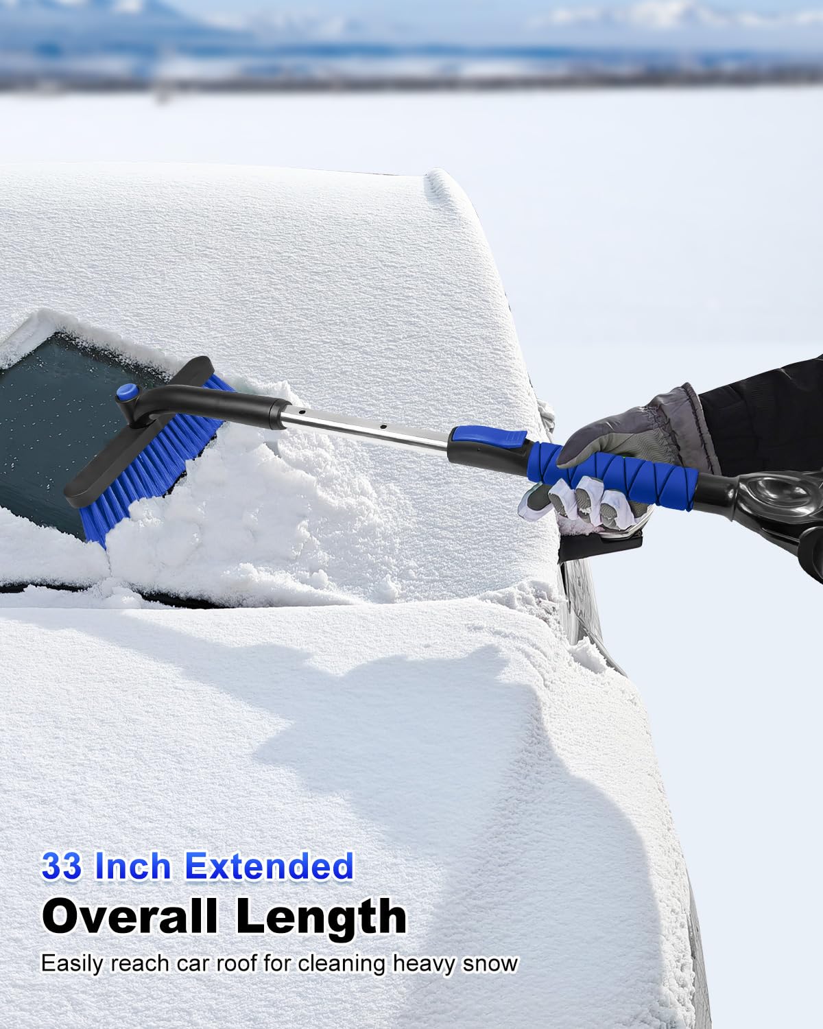 SEAAES 33 Zoll Schneebürste und Eiskratzer für Auto Windschutzscheibe, Ausziehbarer Schneeschaber und Bürste mit Schaumstoffgriff für LKW SUV Fahrzeug Fenster - Blau