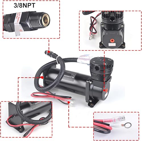 Miniatura 7 de CNRAQR 200PSI 38 NPT - Compresor de suspensión de tren de aire de alta resistencia con accesorios de repuesto 14 NPT de 12 V, color negro