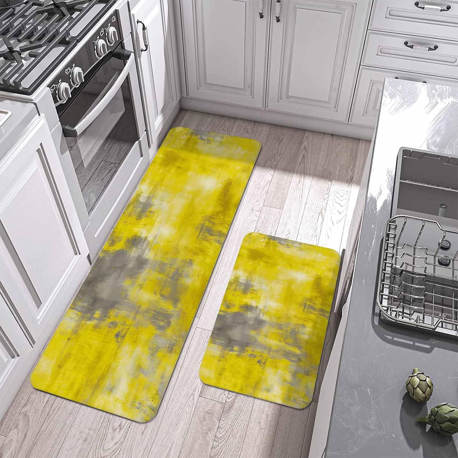 Prime Leader Gradient Yellow Grey Kitchen Mat Set 2 Pieces Abstract Vintage Yellow Grey Oil Painting Non Slip Kitchen Rugs Washable Runner Rug Mats for Sink Laundry (23.6" x 35.4"+23.6" x 70.9")